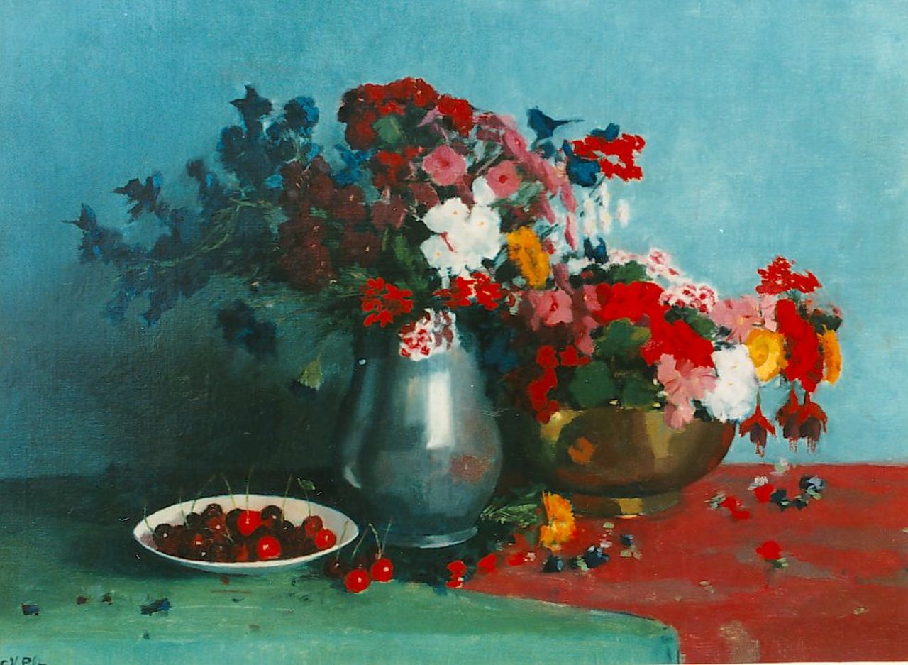 Pelt G.T.M. van | Godefridus Theodorus Maria 'Gottfried' van Pelt, Stilleven van bloemen en kersen, olieverf op doek 56,0 x 76,0 cm, gesigneerd linksonder