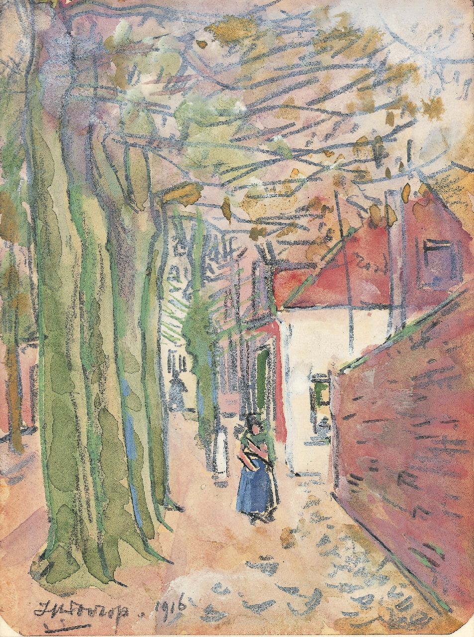 Toorop J.Th.  | Johannes Theodorus 'Jan' Toorop, De Noordstraat te Domburg, zwart krijt en aquarel op papier 15,8 x 11,3 cm, gesigneerd linksonder en gedateerd 1916
