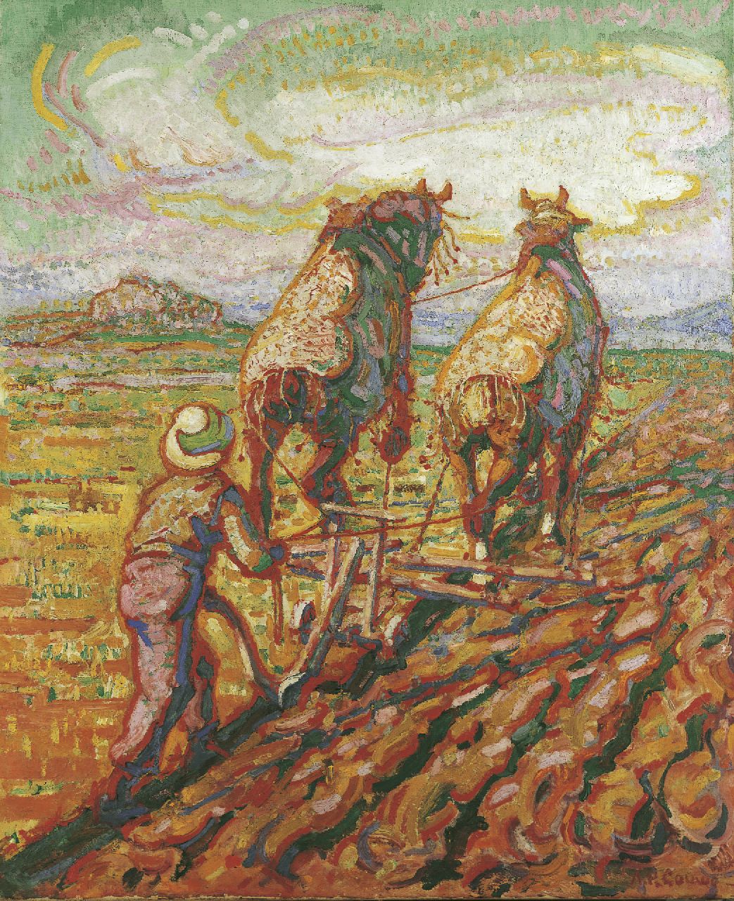 Gouwe A.H. | Adriaan Herman Gouwe, Ploegende paarden, olieverf op doek 74,5 x 61,5 cm, gesigneerd rechtsonder en te dateren ca. 1923 Gouwe A.H. | Adriaan Herman Gouwe, Ploegende paarden, olieverf op doek 74,5 x 61,5 cm, gesigneerd rechtsonder en te dateren ca. 1923