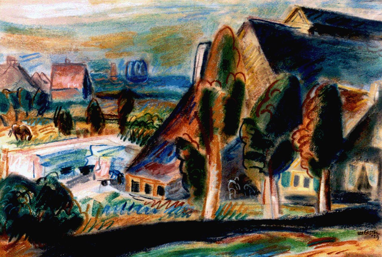 Gestel L.  | Leendert 'Leo' Gestel, Landschap bij Huizen, pastel op papier 36,3 x 54,0 cm, gesigneerd rechtsonder dubbel en gedateerd '29