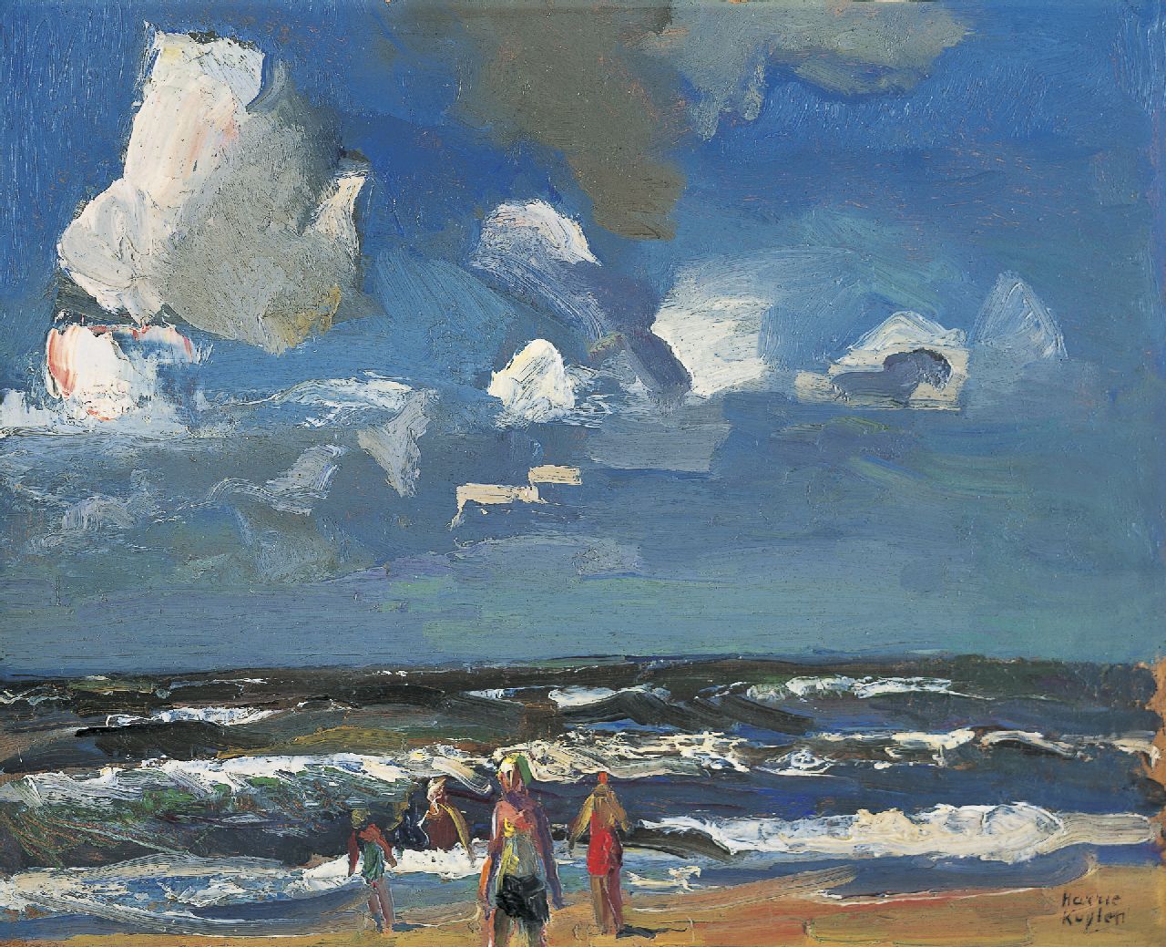 Kuijten H.J. | Henricus Johannes 'Harrie' Kuijten, Strand met figuren, olieverf op paneel 32,7 x 40,4 cm, gesigneerd rechtsonder en te dateren 1930-1940 Kuijten H.J. | Henricus Johannes 'Harrie' Kuijten, Strand met figuren, olieverf op paneel 32,7 x 40,4 cm, gesigneerd rechtsonder en te dateren 1930-1940