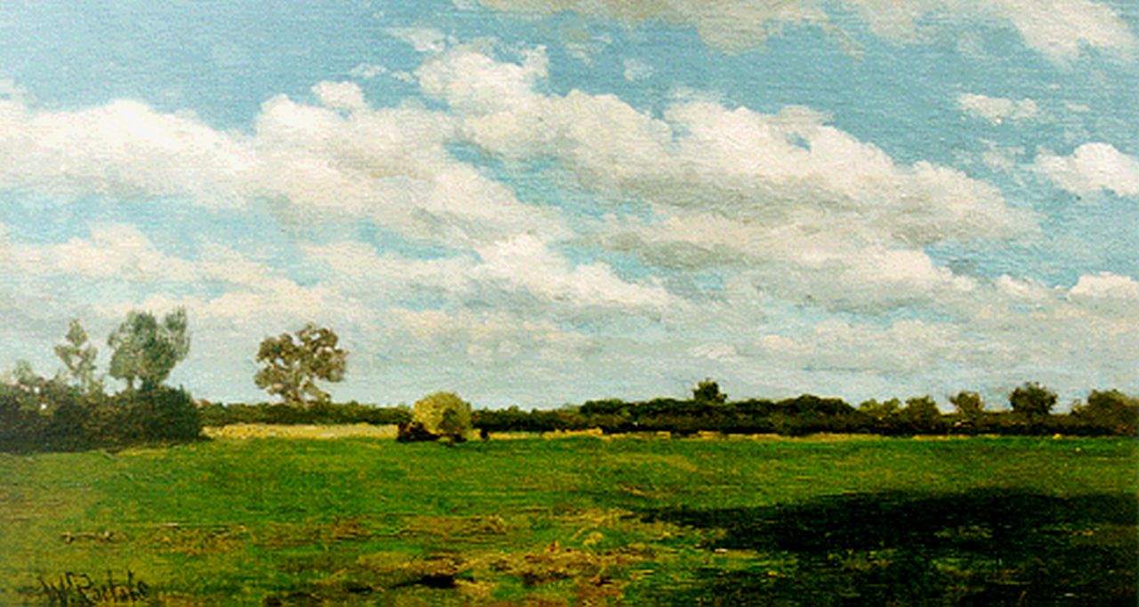 Roelofs W. | Willem Roelofs, Landschap met hooiers, olieverf op doek op paneel 23,0 x 41,2 cm, gesigneerd linksonder Roelofs W. | Willem Roelofs, Landschap met hooiers, olieverf op doek op paneel 23,0 x 41,2 cm, gesigneerd linksonder
