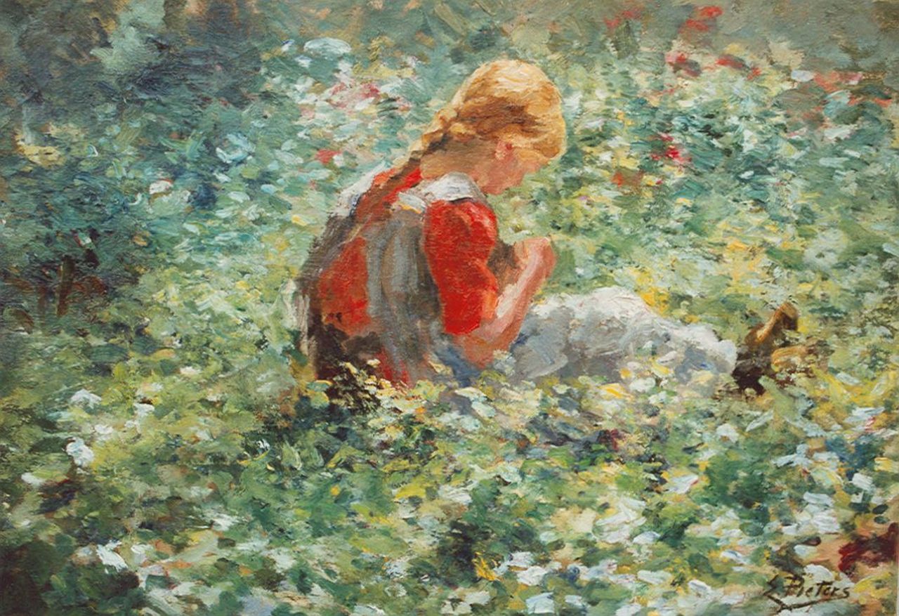 Pieters E. | Evert Pieters, Jong meisje in zonnige tuin, olieverf op doek 49,5 x 77,7 cm, gesigneerd rechtsonder Pieters E. | Evert Pieters, Jong meisje in zonnige tuin, olieverf op doek 49,5 x 77,7 cm, gesigneerd rechtsonder
