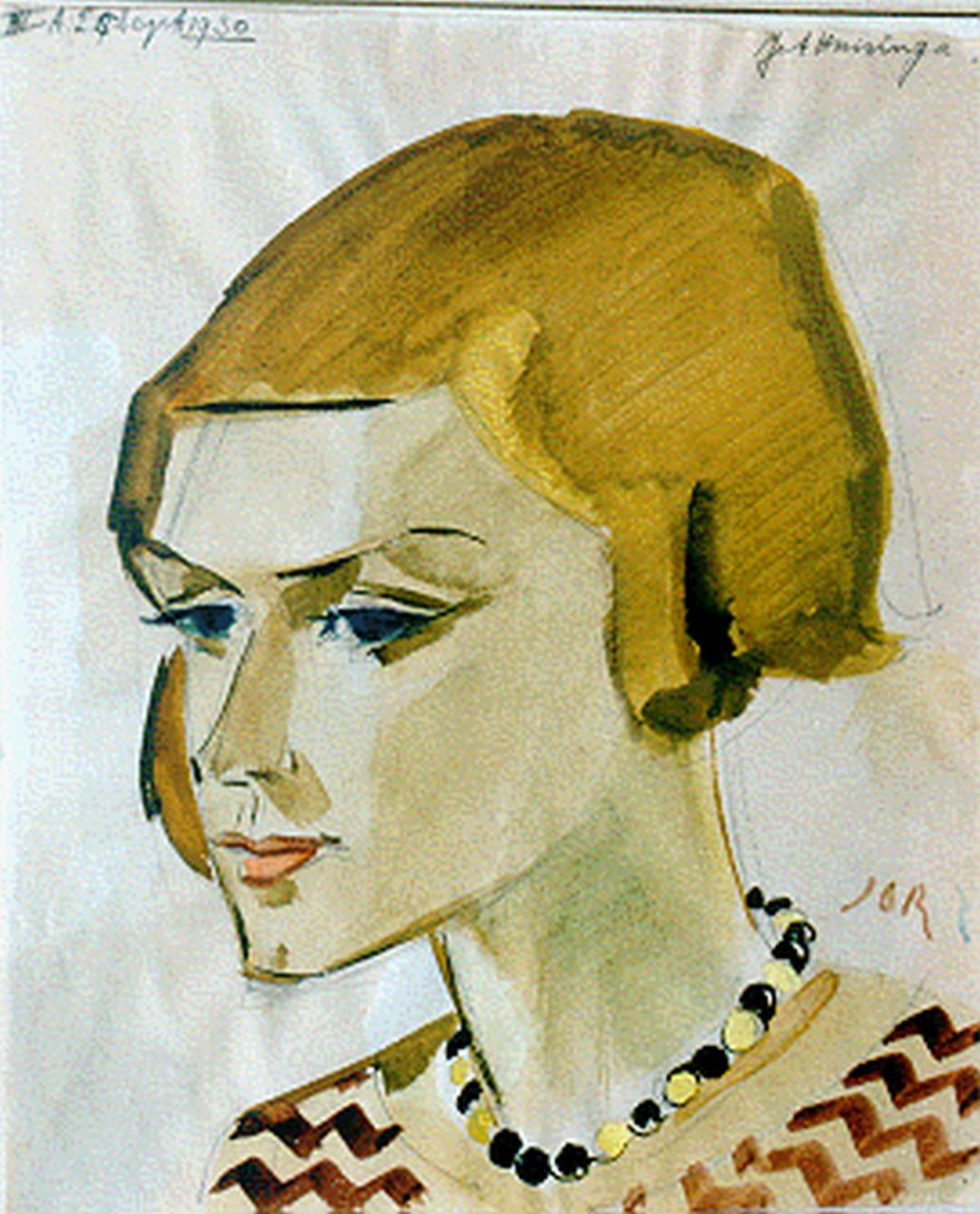Jordens J.G. | 'Jan' Gerrit Jordens, Portret van Jet Huisinga, krijt en aquarel op papier 28,9 x 23,8 cm, gesigneerd rechtsonder mon en gedateerd 25 sept 1930 Jordens J.G. | 'Jan' Gerrit Jordens, Portret van Jet Huisinga, krijt en aquarel op papier 28,9 x 23,8 cm, gesigneerd rechtsonder mon en gedateerd 25 sept 1930