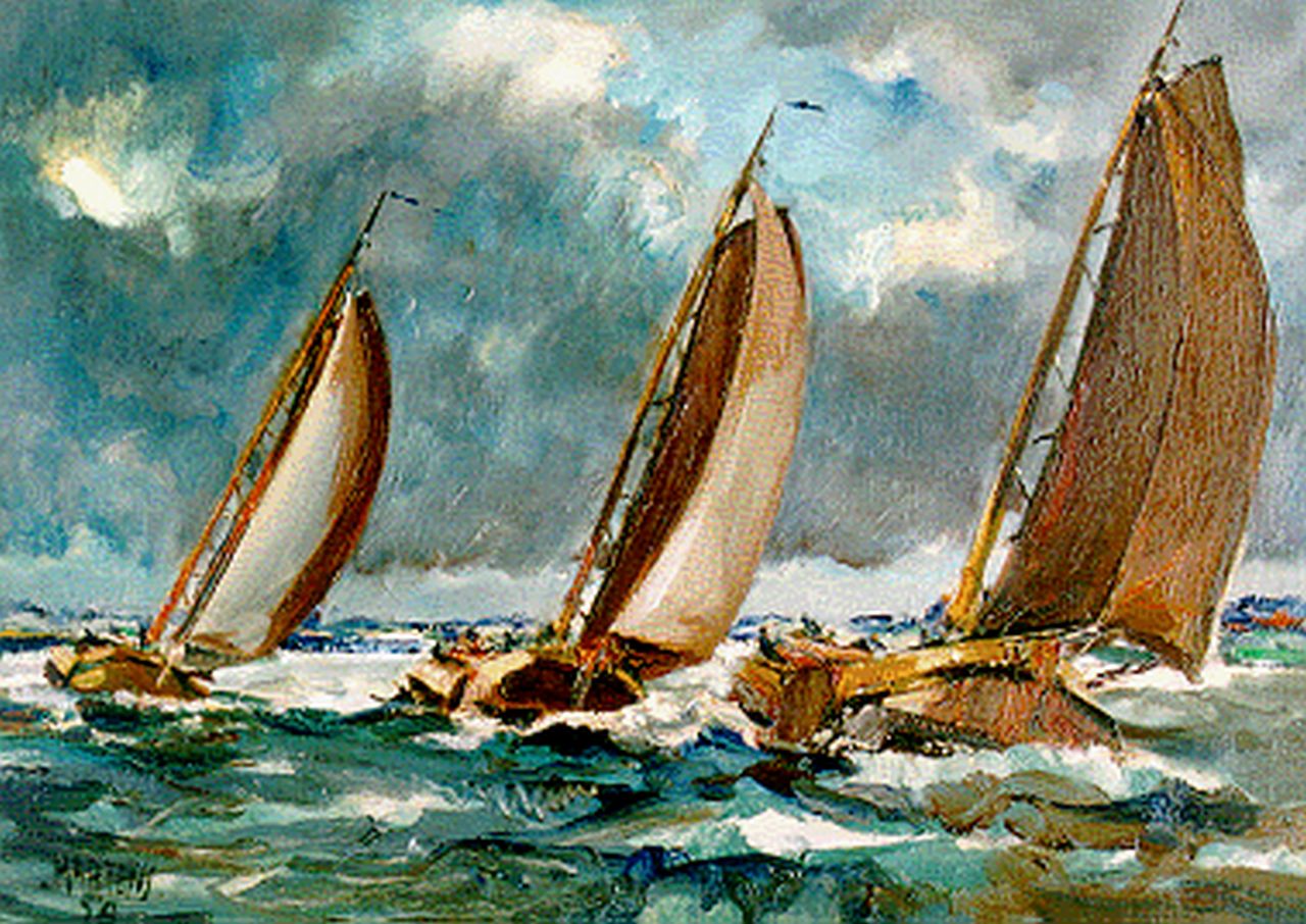 Martens G.G.  | Gijsbert 'George' Martens, Skûtsjesilen, Pikmeer, olieverf op doek 50,1 x 70,0 cm, gesigneerd linksonder en gedateerd '54