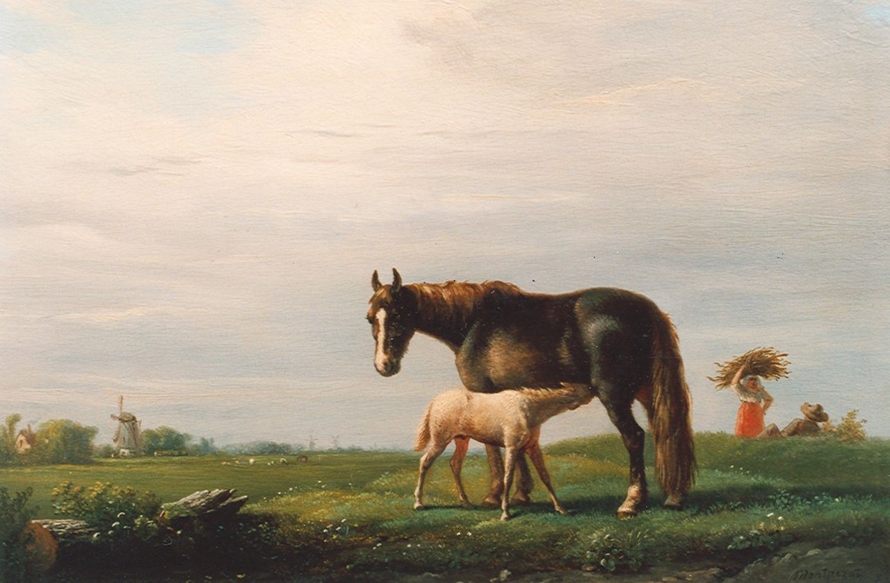 Montpezat H.A. Comte de | Henri Auguste d'Ainecy Comte de Montpezat, Merrie en haar veulen, olieverf op paneel 18,7 x 25,8 cm, gesigneerd rechtsonder Montpezat H.A. Comte de | Henri Auguste d'Ainecy Comte de Montpezat, Merrie en haar veulen, olieverf op paneel 18,7 x 25,8 cm, gesigneerd rechtsonder