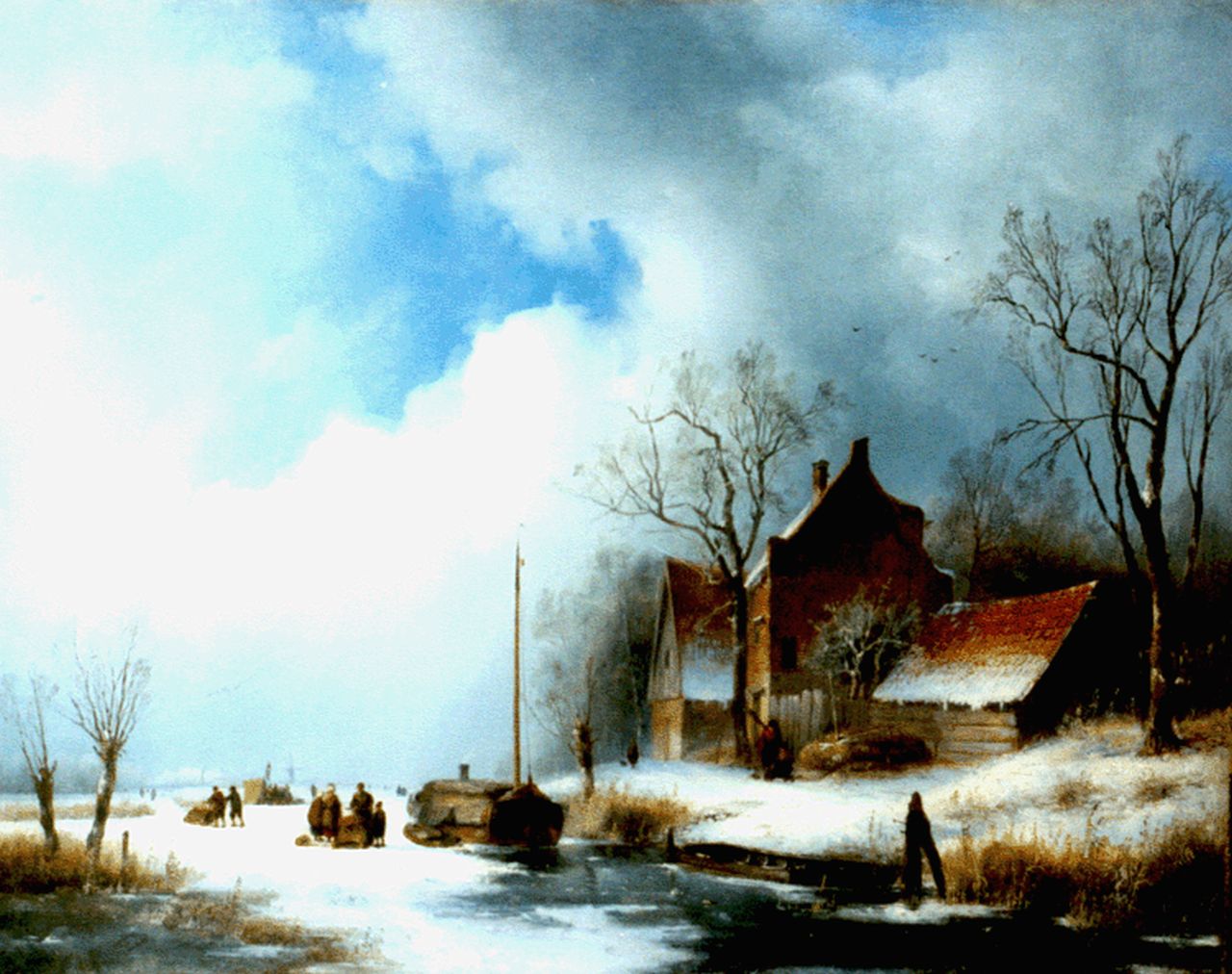 Spohler J.J. | Jan Jacob Spohler, Boerenhoeve aan een bevroren plas, olieverf op doek 53,8 x 68,8 cm, gesigneerd linksonder en gedateerd A: 1839 Spohler J.J. | Jan Jacob Spohler, Boerenhoeve aan een bevroren plas, olieverf op doek 53,8 x 68,8 cm, gesigneerd linksonder en gedateerd A: 1839