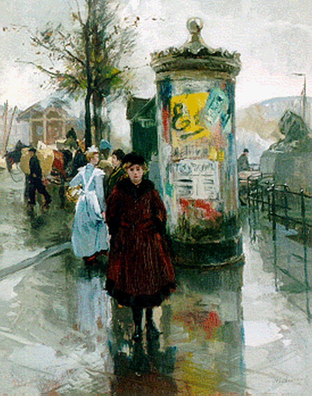 Voorden A.W. van | August Willem van Voorden, Reclamezuil en figuren bij de Vierleeuwenbrug in Rotterdam, olieverf op paneel 56,9 x 45,6 cm, gesigneerd rechtsonder en gedateerd 1918