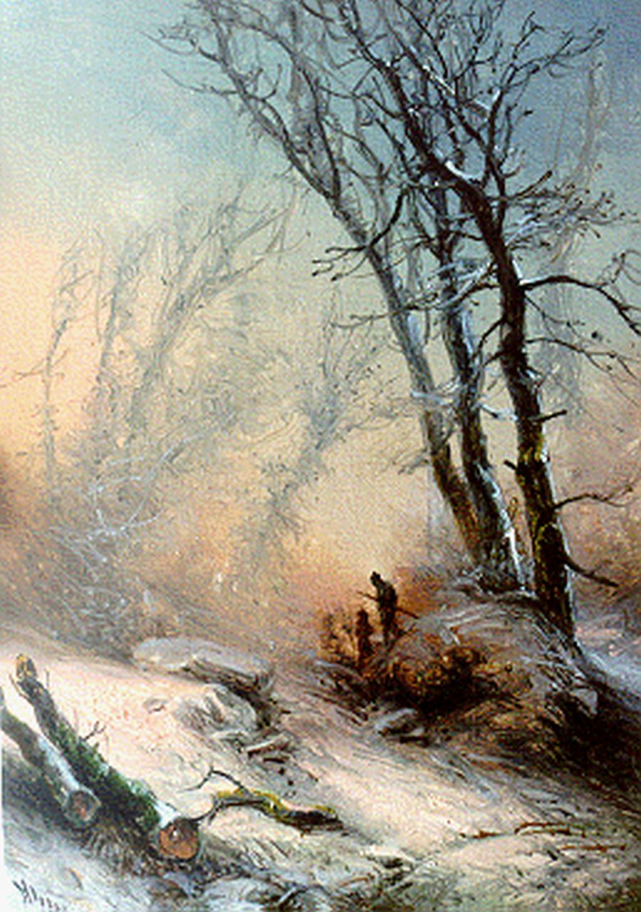 Kluyver P.L.F. | 'Pieter' Lodewijk Francisco Kluyver, Reizigers in een winters bos, olieverf op paneel 15,4 x 11,3 cm, gesigneerd linksonder Kluyver P.L.F. | 'Pieter' Lodewijk Francisco Kluyver, Reizigers in een winters bos, olieverf op paneel 15,4 x 11,3 cm, gesigneerd linksonder