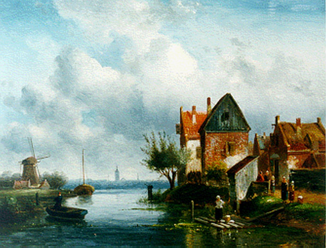 Leickert C.H.J. | 'Charles' Henri Joseph Leickert, Zomers dorpsgezicht met wasvrouwen, olieverf op paneel 31,4 x 40,5 cm, gesigneerd linksonder + rechtsonder (resten) Leickert C.H.J. | 'Charles' Henri Joseph Leickert, Zomers dorpsgezicht met wasvrouwen, olieverf op paneel 31,4 x 40,5 cm, gesigneerd linksonder + rechtsonder (resten)