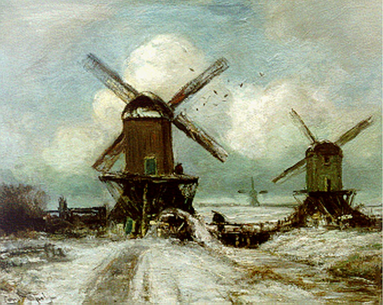 Apol L.F.H. | Lodewijk Franciscus Hendrik 'Louis' Apol, Windmolens in een besneeuwd landschap, olieverf op doek 40,2 x 50,7 cm, gesigneerd linksonder Apol L.F.H. | Lodewijk Franciscus Hendrik 'Louis' Apol, Windmolens in een besneeuwd landschap, olieverf op doek 40,2 x 50,7 cm, gesigneerd linksonder
