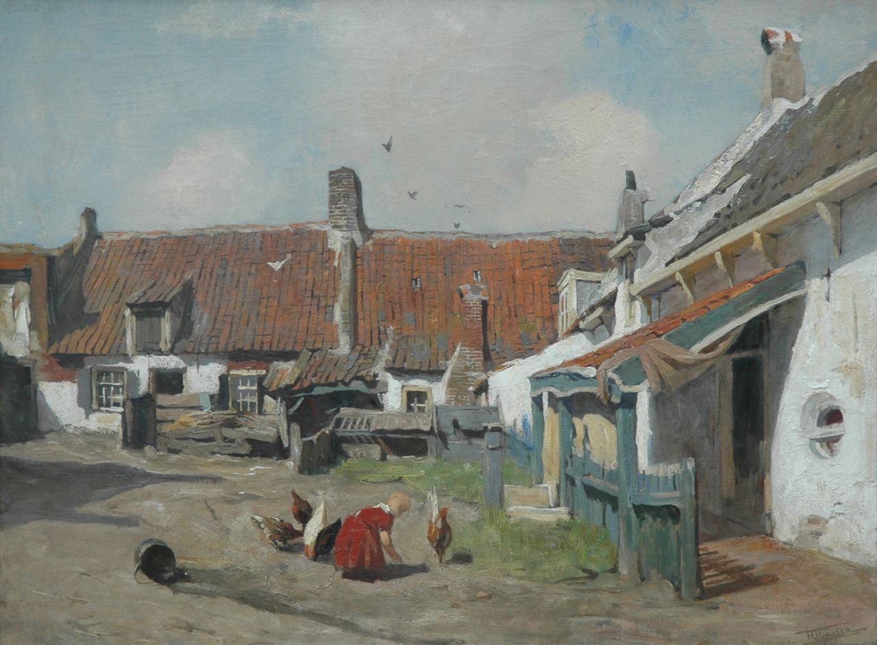 Jansen H.W.  | Hendrik Willebrord Jansen, Kippen voeren, Katwijk-binnen, olieverf op doek 62,2 x 83,1 cm, gesigneerd rechtsonder + verso