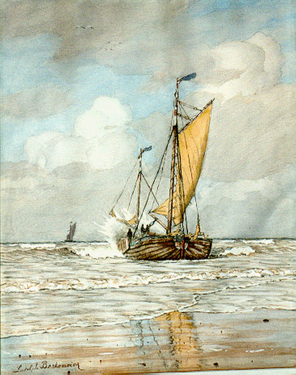 Ludolph Berkemeier | Bomschuit in de branding, aquarel op papier, 55,0 x 43,0 cm, gesigneerd l.o.
