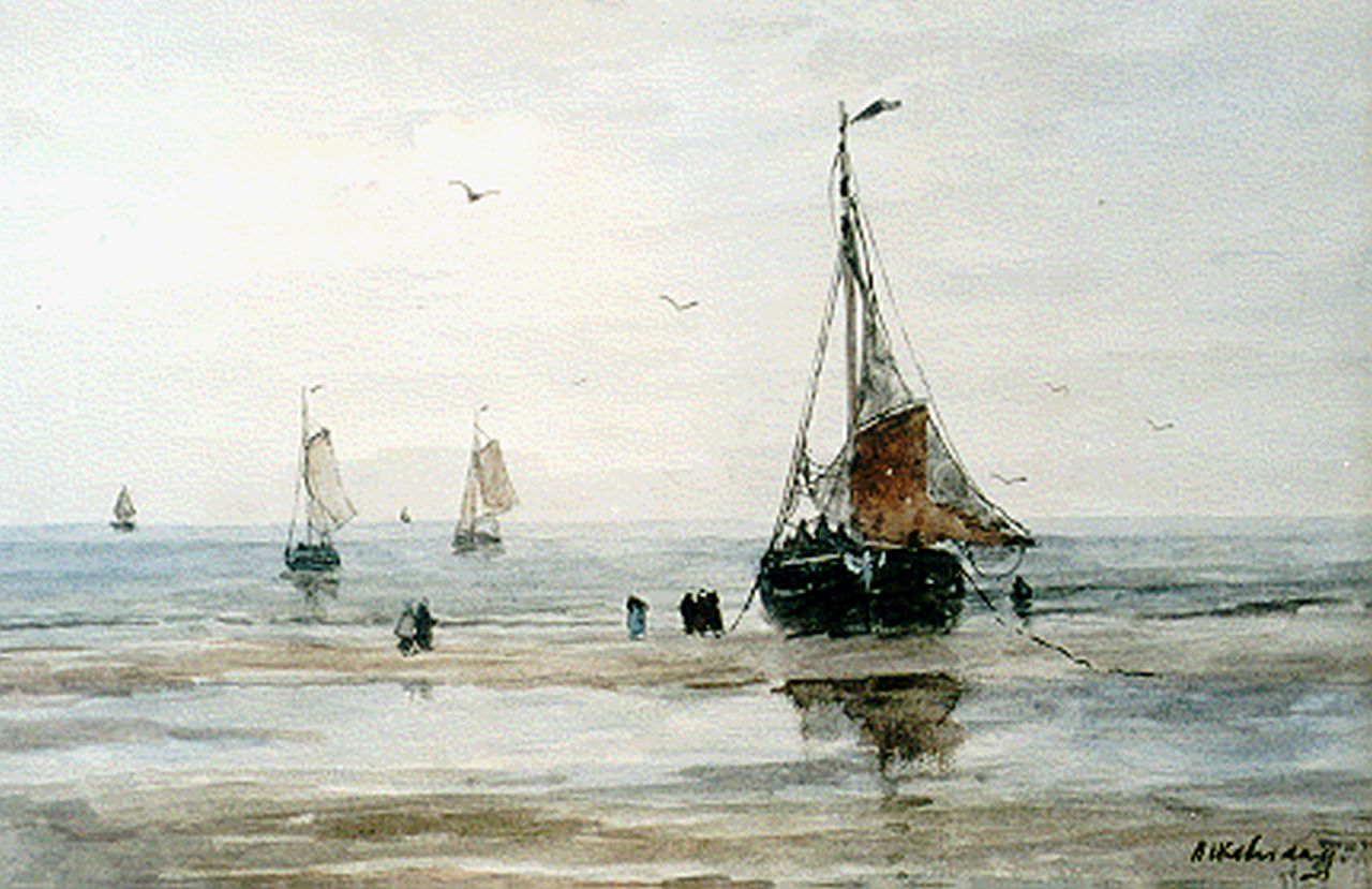 Mesdag H.W. | Hendrik Willem Mesdag, Vissersbom op het strand, aquarel op papier 26,7 x 36,8 cm, gesigneerd rechtsonder Mesdag H.W. | Hendrik Willem Mesdag, Vissersbom op het strand, aquarel op papier 26,7 x 36,8 cm, gesigneerd rechtsonder