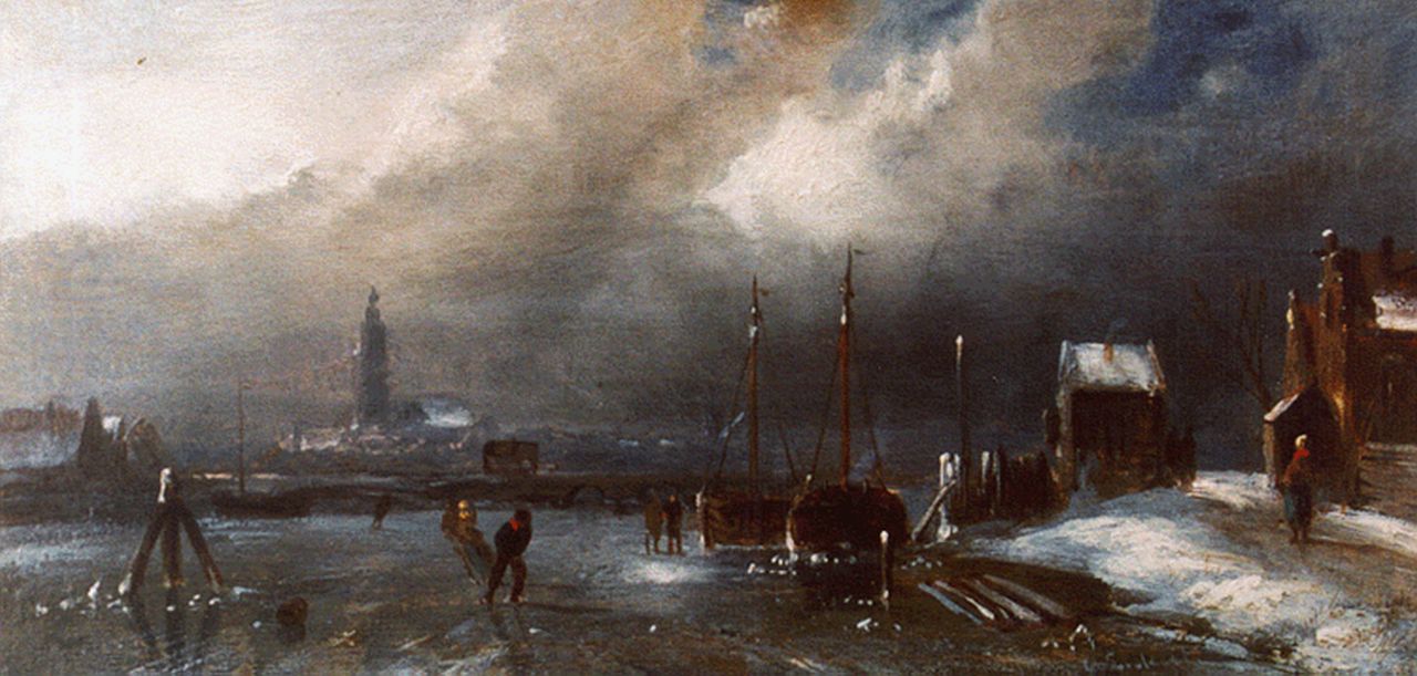 Leickert C.H.J.  | 'Charles' Henri Joseph Leickert, Schaatsers op een bevroren vaart, olieverf op paneel 11,0 x 22,3 cm, gesigneerd rechtsonder + verso op etik
