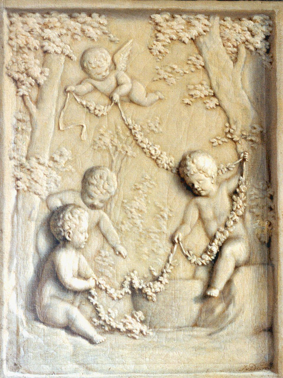 Dam J. van | Jan van Dam, Putti met een bloemenfestoen, olieverf op doek 53,3 x 40,3 cm, gesigneerd rechtsonder Dam J. van | Jan van Dam, Putti met een bloemenfestoen, olieverf op doek 53,3 x 40,3 cm, gesigneerd rechtsonder