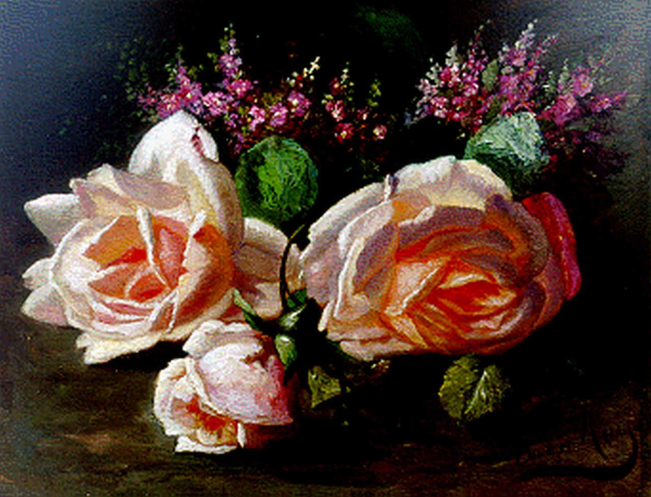 Ruijs D.R. | Daniël Rudolph Ruijs, Stilleven met rozen en hei, olieverf op paneel 18,5 x 24,1 cm, gesigneerd rechtsonder Ruijs D.R. | Daniël Rudolph Ruijs, Stilleven met rozen en hei, olieverf op paneel 18,5 x 24,1 cm, gesigneerd rechtsonder