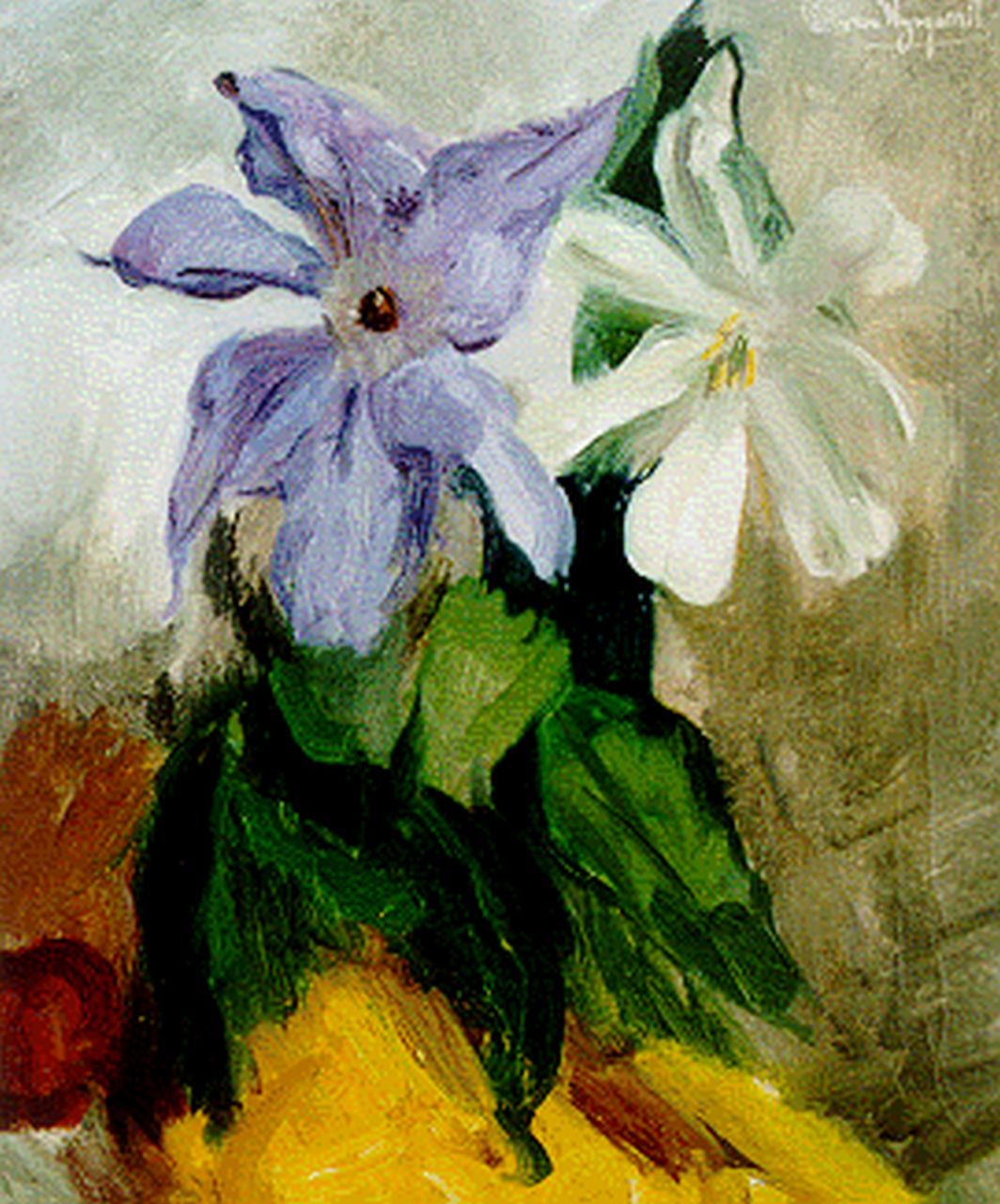 Wijngaerdt P.T. van | Petrus Theodorus 'Piet' van Wijngaerdt, Stilleven van clematis en tulp, olieverf op doek 60,0 x 50,0 cm, gesigneerd rechtsboven Wijngaerdt P.T. van | Petrus Theodorus 'Piet' van Wijngaerdt, Stilleven van clematis en tulp, olieverf op doek 60,0 x 50,0 cm, gesigneerd rechtsboven