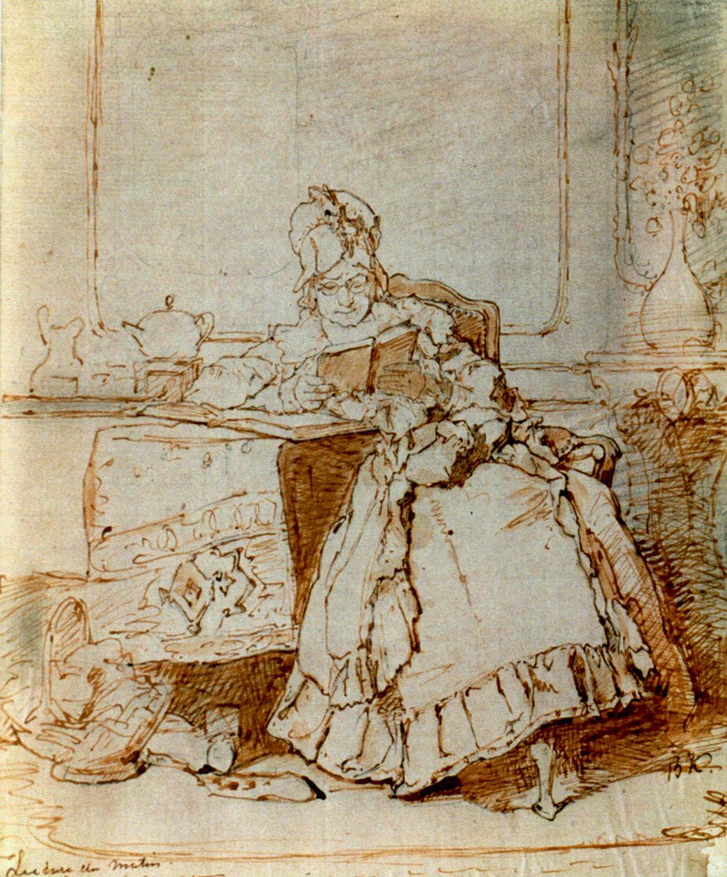 Bakker Korff A.H.  | Alexander Hugo Bakker Korff, Lecture du matin, potlood, pen en inkt op papier 21,8 x 17,8 cm, gesigneerd rechtsonder met initialen