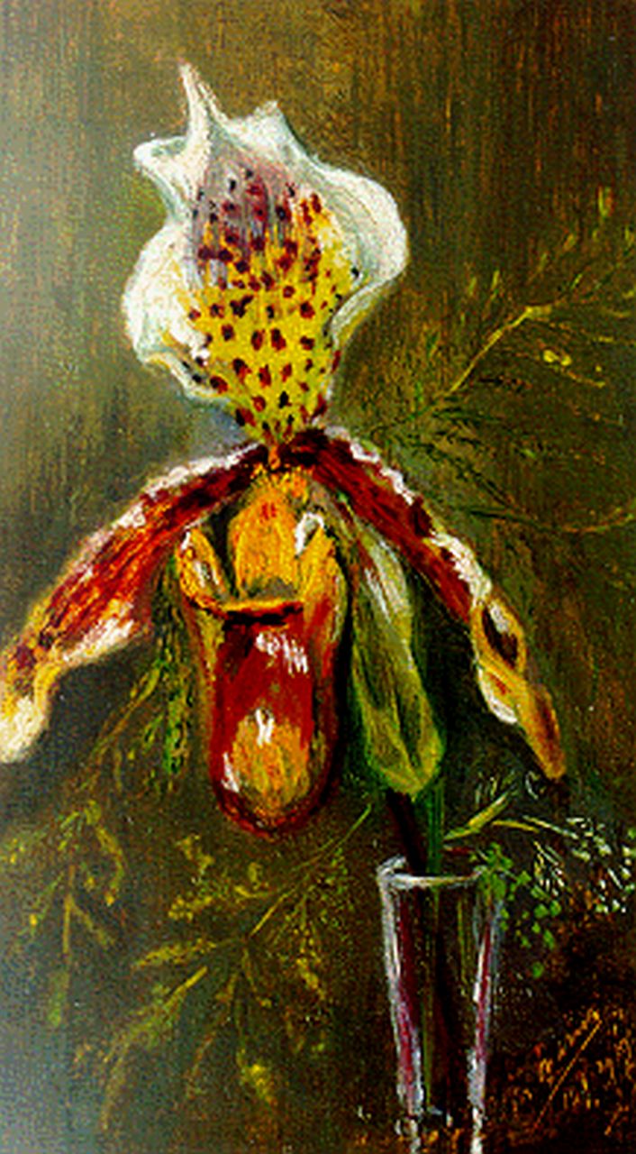 Maris M. | Mies Maris, Orchideeën, olieverf op doek op schildersboard 22,0 x 12,7 cm, gesigneerd rechtsonder en gedateerd 12/1/1939 Maris M. | Mies Maris, Orchideeën, olieverf op doek op schildersboard 22,0 x 12,7 cm, gesigneerd rechtsonder en gedateerd 12/1/1939