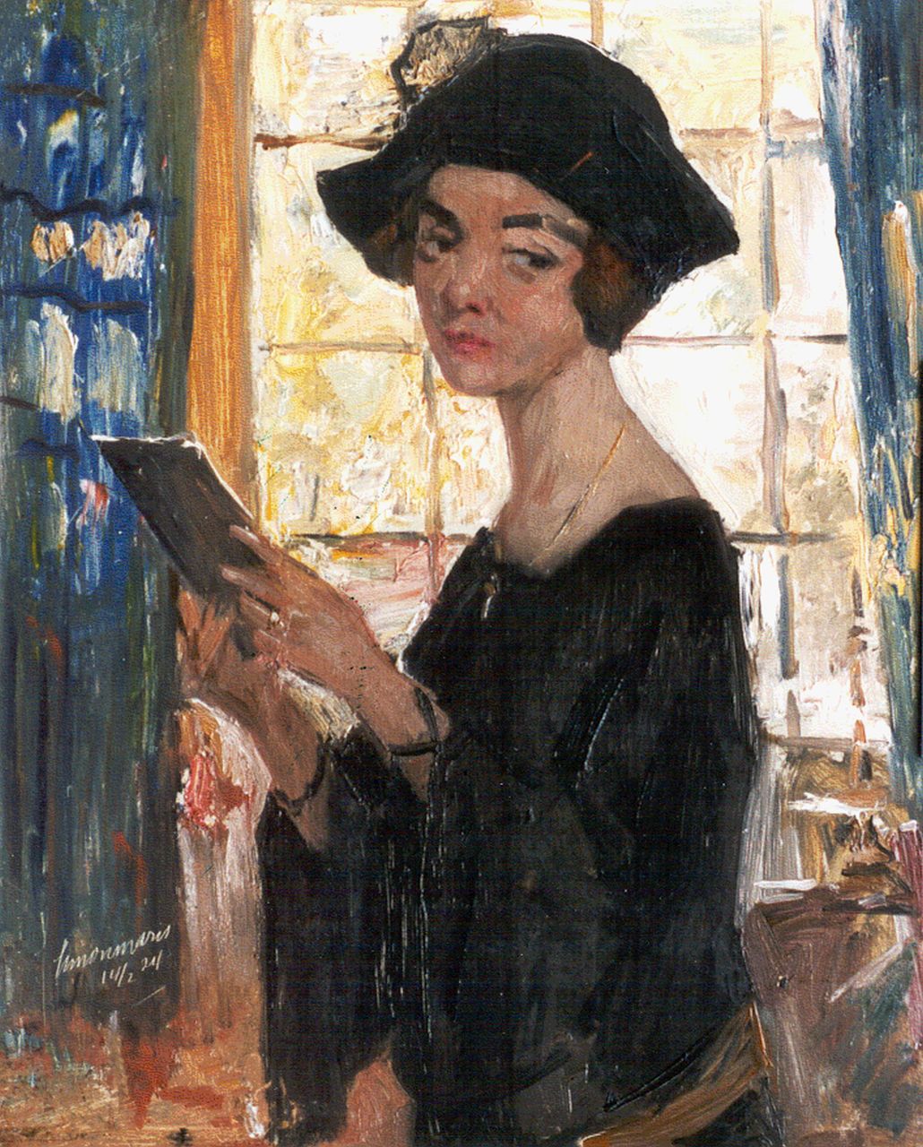 Maris S.W. | Simon Willem Maris, Portret van een dame met brief, olieverf op paneel 46,0 x 37,3 cm, gesigneerd linksonder en gedateerd 14/2/24 Maris S.W. | Simon Willem Maris, Portret van een dame met brief, olieverf op paneel 46,0 x 37,3 cm, gesigneerd linksonder en gedateerd 14/2/24
