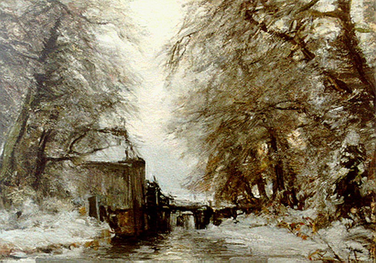 Apol L.F.H. | Lodewijk Franciscus Hendrik 'Louis' Apol, Winters bosgezicht met watermolen, olieverf op doek 50,2 x 70,0 cm, gesigneerd linksonder Apol L.F.H. | Lodewijk Franciscus Hendrik 'Louis' Apol, Winters bosgezicht met watermolen, olieverf op doek 50,2 x 70,0 cm, gesigneerd linksonder