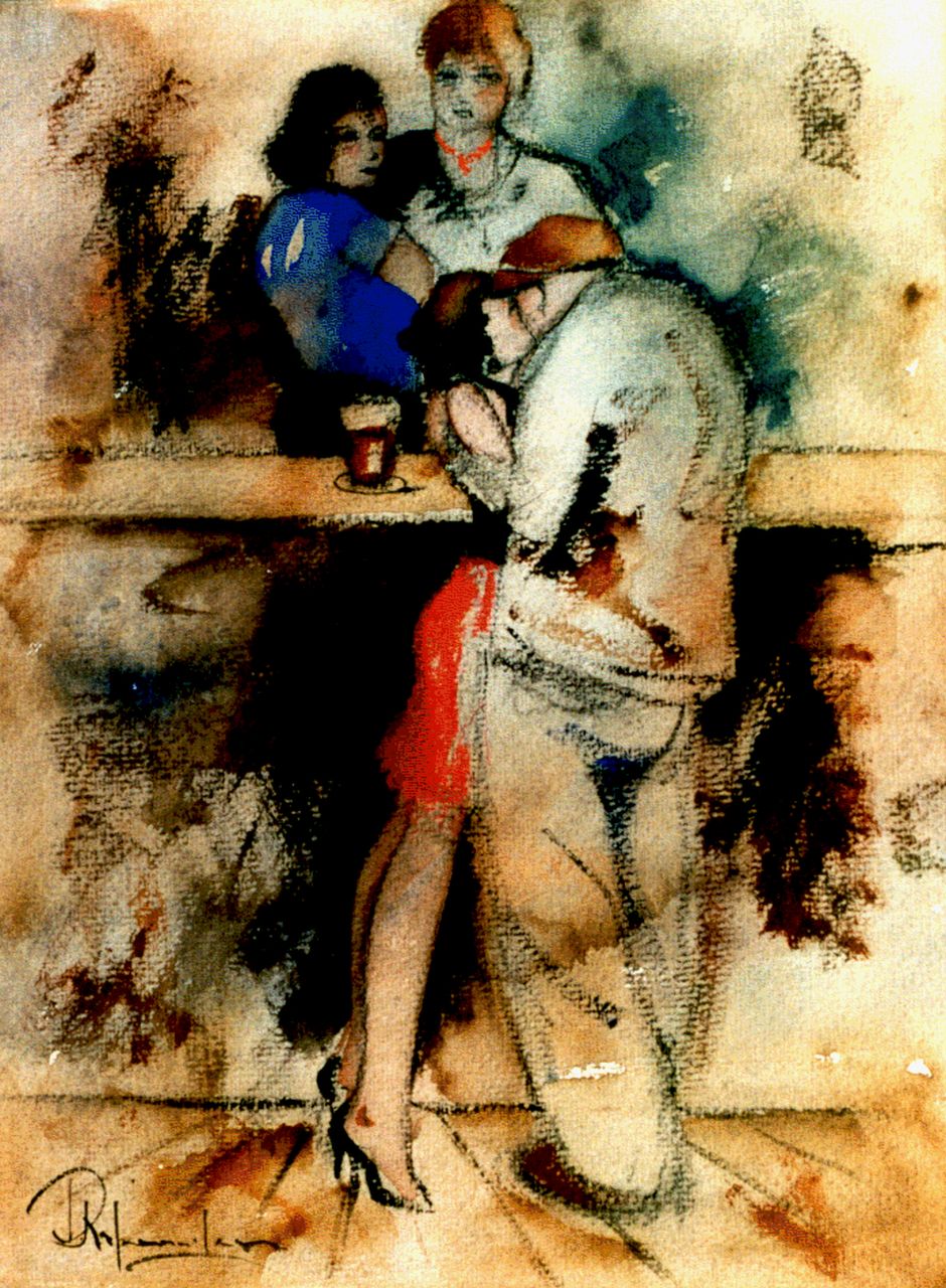 Rijlaarsdam J. | Jan Rijlaarsdam, Aan de bar, zwart krijt en aquarel op papier 35,0 x 27,0 cm, gesigneerd linksonder Rijlaarsdam J. | Jan Rijlaarsdam, Aan de bar, zwart krijt en aquarel op papier 35,0 x 27,0 cm, gesigneerd linksonder