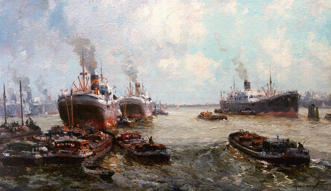 Delfgaauw G.J. | Gerardus Johannes 'Gerard' Delfgaauw, De haven van Rotterdam, olieverf op doek 60,4 x 100,1 cm, gesigneerd rechtsonder Delfgaauw G.J. | Gerardus Johannes 'Gerard' Delfgaauw, De haven van Rotterdam, olieverf op doek 60,4 x 100,1 cm, gesigneerd rechtsonder