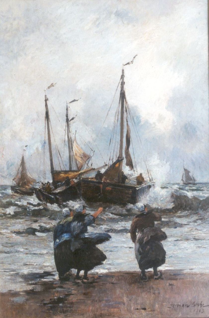 Grobe P.G. | Philipp 'German' Grobe, Het uitvaren van de vloot, olieverf op doek 90,3 x 60,5 cm, gesigneerd rechtsonder en gedateerd 1903 Grobe P.G. | Philipp 'German' Grobe, Het uitvaren van de vloot, olieverf op doek 90,3 x 60,5 cm, gesigneerd rechtsonder en gedateerd 1903