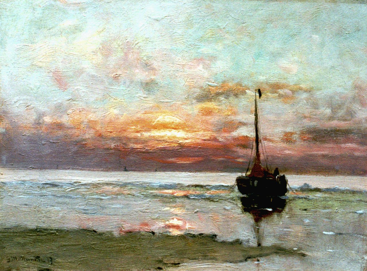 Munthe G.A.L. | Gerhard Arij Ludwig 'Morgenstjerne' Munthe, Afgemeerde bom bij avond, olieverf op doek 30,6 x 41,0 cm, gesigneerd linksonder en gedateerd '19 Munthe G.A.L. | Gerhard Arij Ludwig 'Morgenstjerne' Munthe, Afgemeerde bom bij avond, olieverf op doek 30,6 x 41,0 cm, gesigneerd linksonder en gedateerd '19