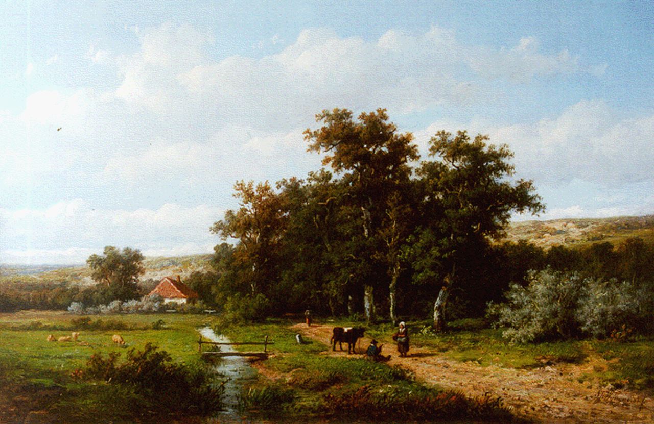 Wijngaerdt A.J. van | Anthonie Jacobus van Wijngaerdt, Landvolk op een pad, olieverf op paneel 24,0 x 37,2 cm, gesigneerd rechtsonder Wijngaerdt A.J. van | Anthonie Jacobus van Wijngaerdt, Landvolk op een pad, olieverf op paneel 24,0 x 37,2 cm, gesigneerd rechtsonder