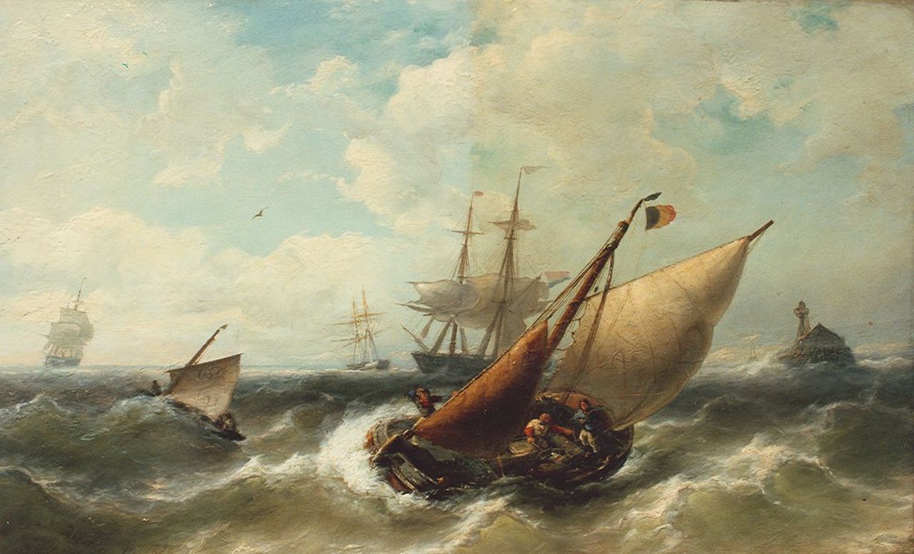 Riegen N. | Nicolaas Riegen, Boten op woelige zee, olieverf op doek 44,0 x 72,0 cm, gesigneerd linksonder en gedateerd 1886 Riegen N. | Nicolaas Riegen, Boten op woelige zee, olieverf op doek 44,0 x 72,0 cm, gesigneerd linksonder en gedateerd 1886