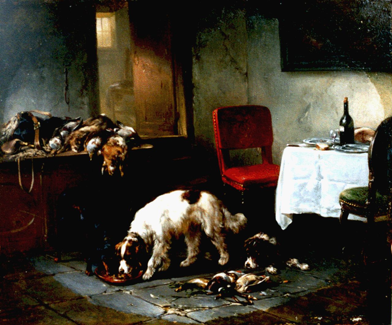 Verschuur W. | Wouterus Verschuur, Honden na de jacht, olieverf op paneel 25,5 x 31,0 cm, gesigneerd linksonder Verschuur W. | Wouterus Verschuur, Honden na de jacht, olieverf op paneel 25,5 x 31,0 cm, gesigneerd linksonder