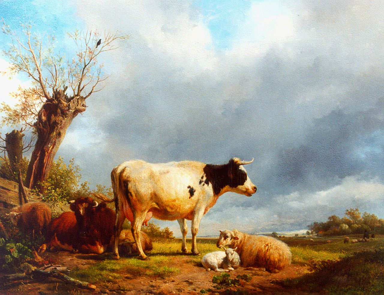 Sande Bakhuyzen H. van de | Hendrikus van de Sande Bakhuyzen, Koeien en schapen in een Hollands weidelandschap, olieverf op paneel 70,5 x 91,2 cm, gesigneerd linksonder en gedateerd 1839 Sande Bakhuyzen H. van de | Hendrikus van de Sande Bakhuyzen, Koeien en schapen in een Hollands weidelandschap, olieverf op paneel 70,5 x 91,2 cm, gesigneerd linksonder en gedateerd 1839