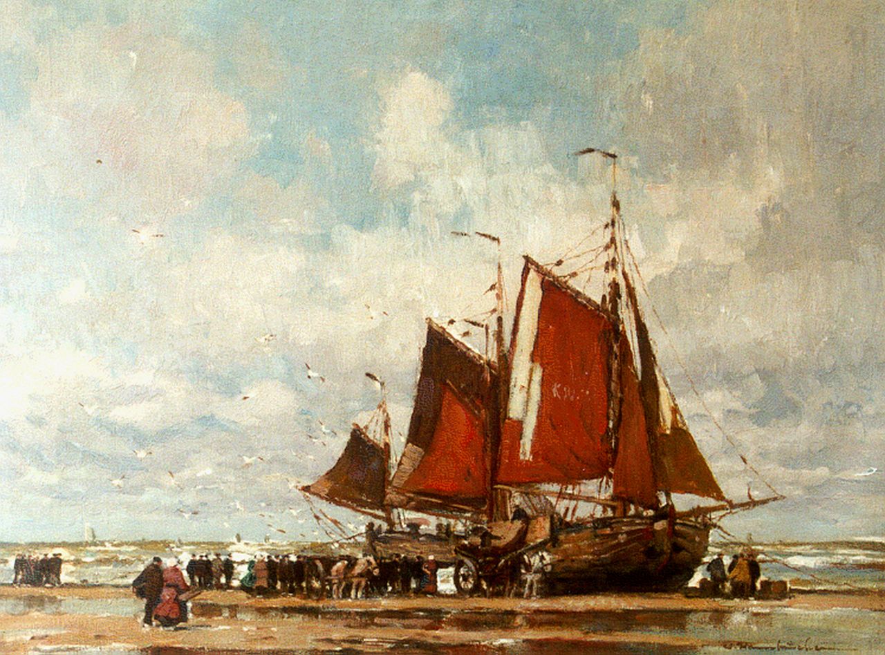 Hambüchen W.  | Wilhelm Hambüchen, Afgemeerde bommen op het strand van Katwijk, olieverf op doek 60,0 x 80,2 cm, gesigneerd rechtsonder