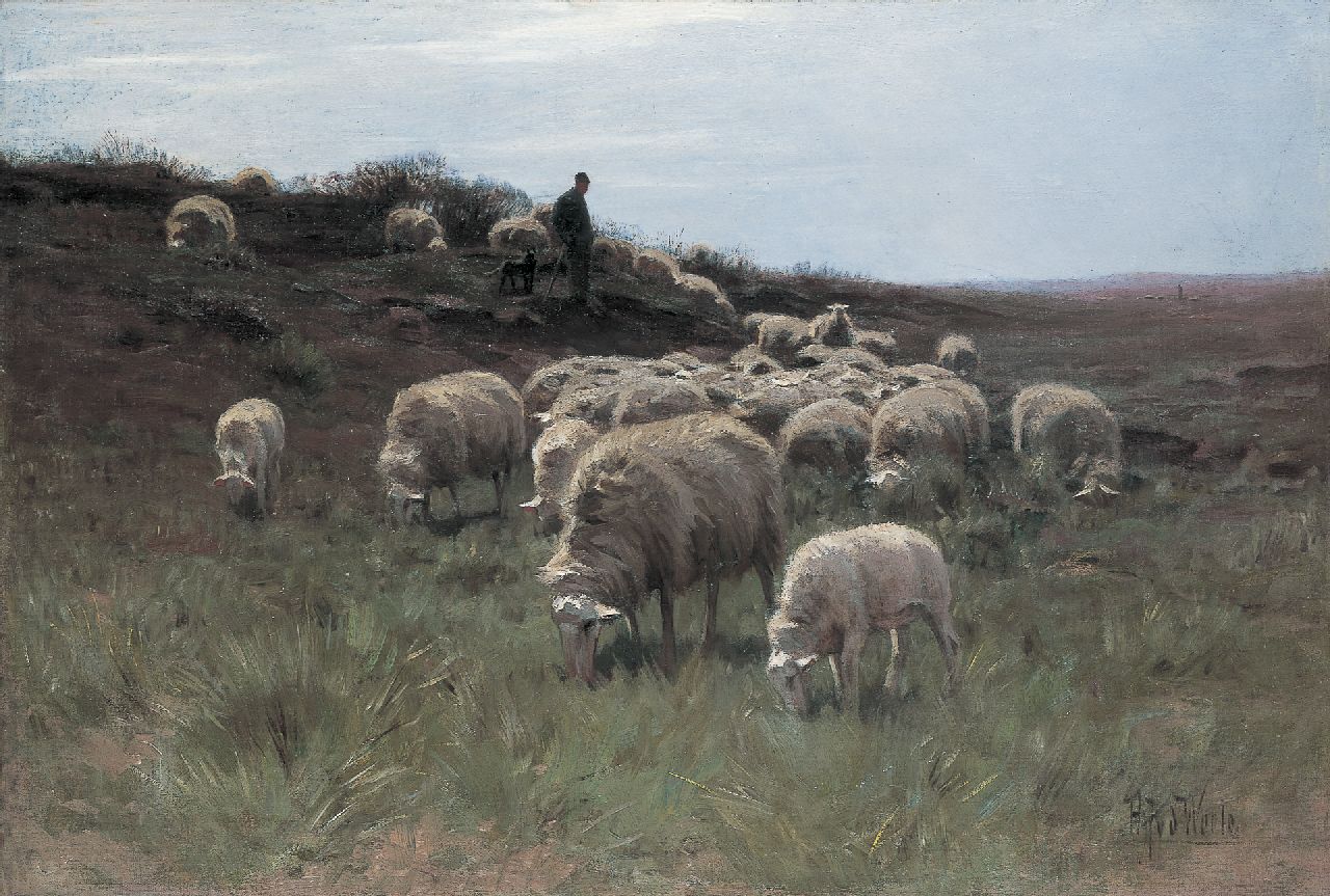 Weele H.J. van der | 'Herman' Johannes van der Weele, Herder met schaapskudde op de hei, olieverf op doek 58,7 x 86,9 cm, gesigneerd rechtsonder Weele H.J. van der | 'Herman' Johannes van der Weele, Herder met schaapskudde op de hei, olieverf op doek 58,7 x 86,9 cm, gesigneerd rechtsonder