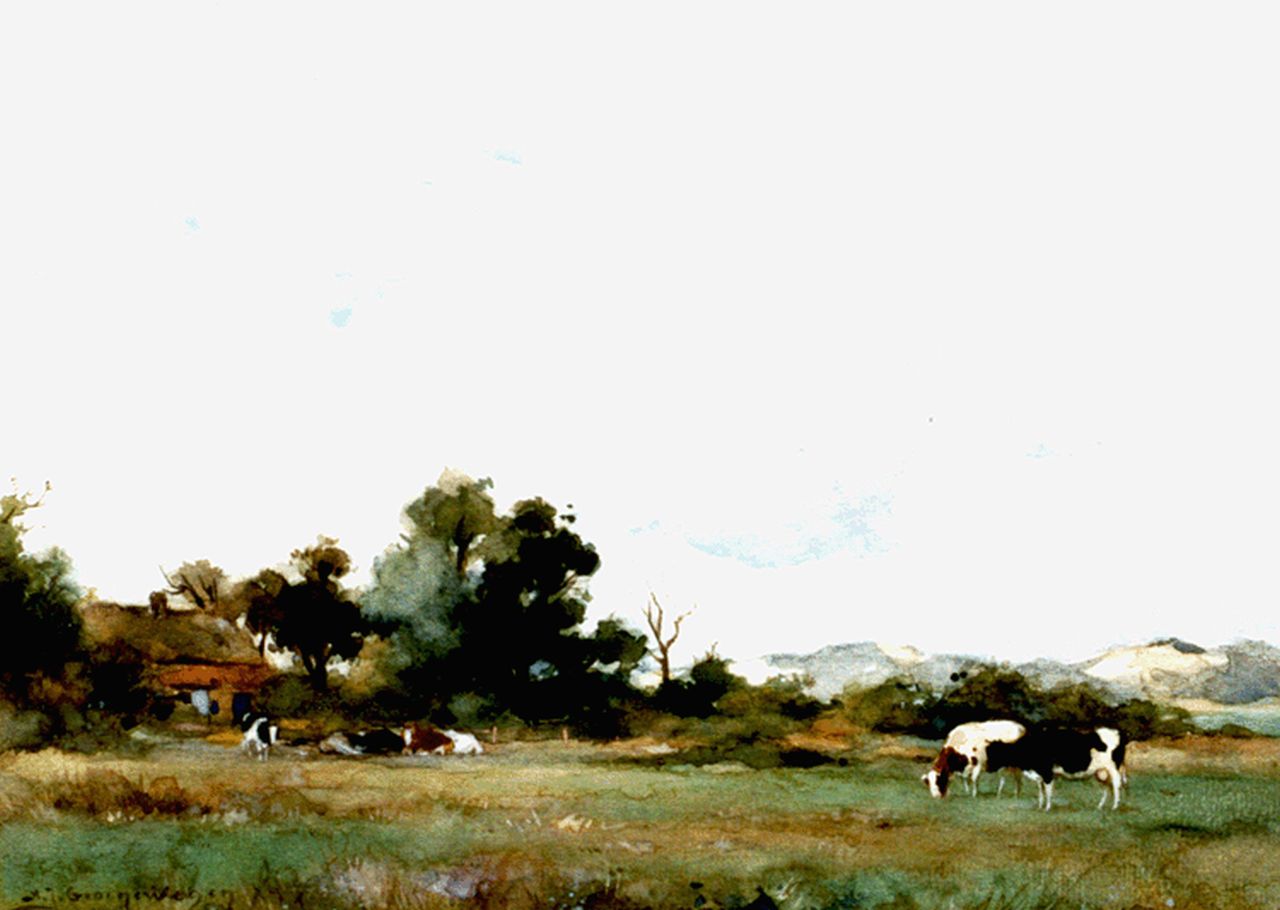 Groenewegen A.J. | Adrianus Johannes Groenewegen, Koeien in een weide achter de duinen, aquarel en gouache op papier 23,0 x 31,2 cm, gesigneerd linksonder Groenewegen A.J. | Adrianus Johannes Groenewegen, Koeien in een weide achter de duinen, aquarel en gouache op papier 23,0 x 31,2 cm, gesigneerd linksonder