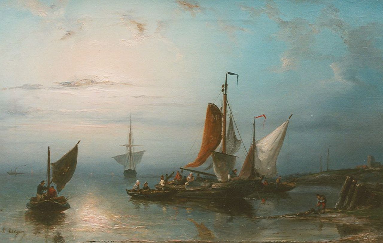 Riegen N. | Nicolaas Riegen, Vissersboten voor de kust, olieverf op doek 31,5 x 48,0 cm, gesigneerd linksonder Riegen N. | Nicolaas Riegen, Vissersboten voor de kust, olieverf op doek 31,5 x 48,0 cm, gesigneerd linksonder