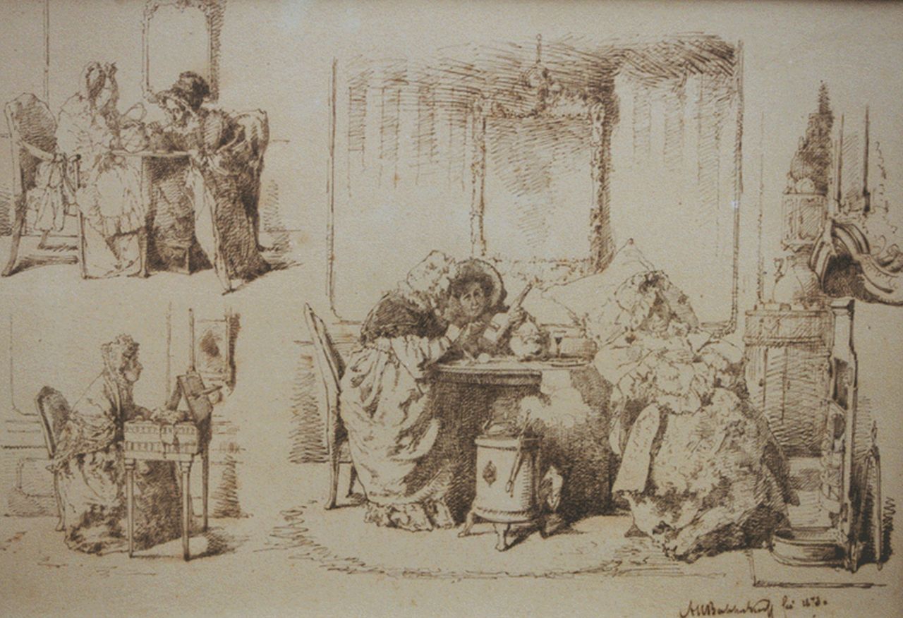 Bakker Korff A.H. | Alexander Hugo Bakker Korff, Drie interieurtekeningen, pen en inkt op papier 29,1 x 41,2 cm, gesigneerd rechtsonder en gedateerd 1873 Bakker Korff A.H. | Alexander Hugo Bakker Korff, Drie interieurtekeningen, pen en inkt op papier 29,1 x 41,2 cm, gesigneerd rechtsonder en gedateerd 1873
