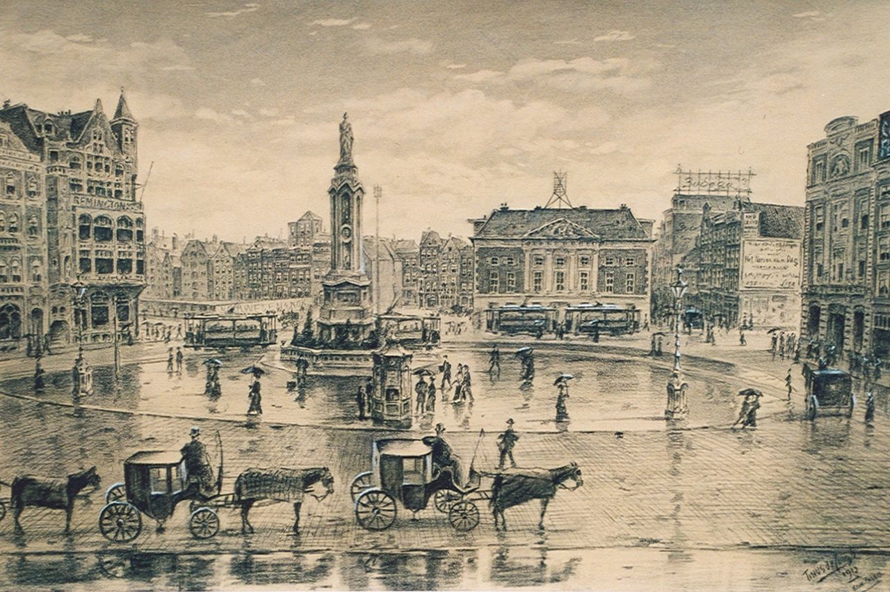 Jongh M.J. de | Martinus Johannes 'Tinus' de Jongh, Gezicht op de Dam in Amsterdam met de Oude Waag, zwart krijt en gouache op papier 42,0 x 63,0 cm, gesigneerd rechtsonder en gedateerd 1912 Jongh M.J. de | Martinus Johannes 'Tinus' de Jongh, Gezicht op de Dam in Amsterdam met de Oude Waag, zwart krijt en gouache op papier 42,0 x 63,0 cm, gesigneerd rechtsonder en gedateerd 1912