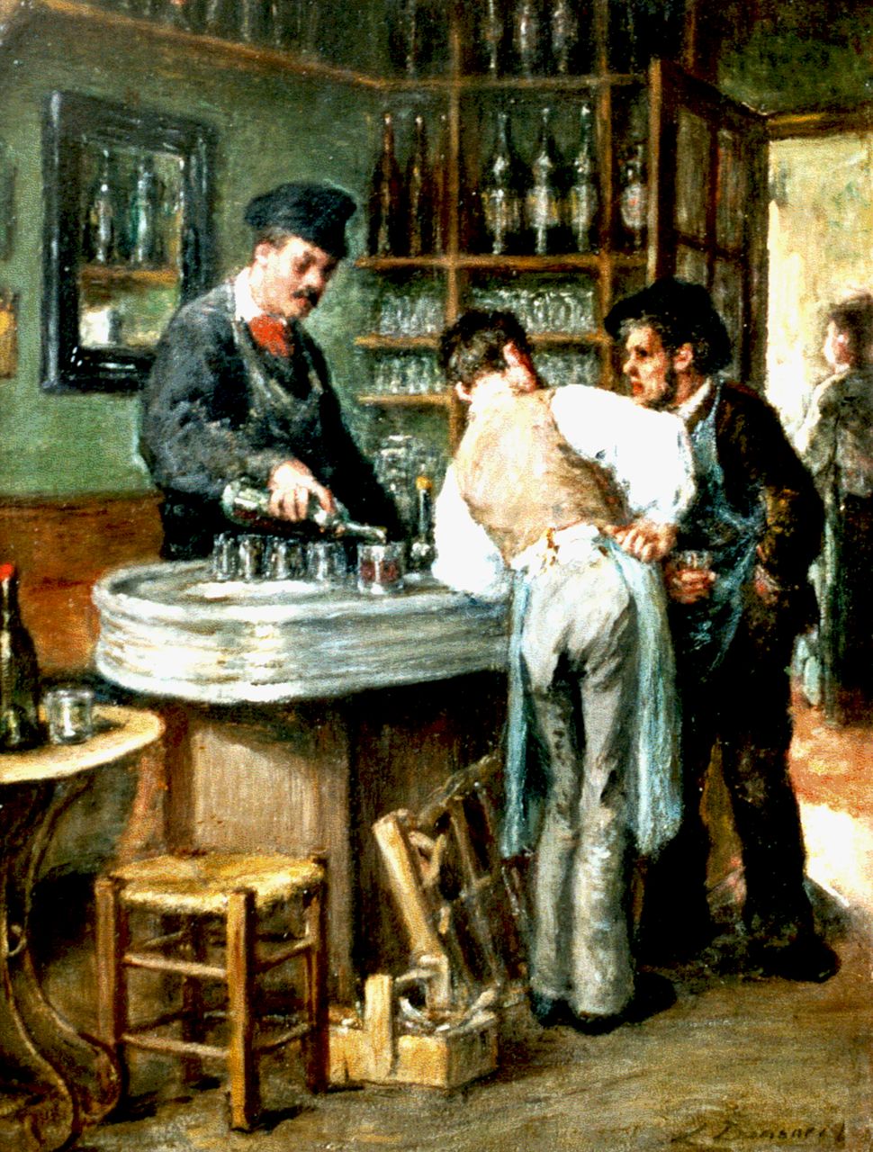 Dansaert L.M.C. | Léon Marie Constant Dansaert, Wijn schenken aan de tapkast, olieverf op paneel 35,0 x 26,6 cm, gesigneerd rechtsonder Dansaert L.M.C. | Léon Marie Constant Dansaert, Wijn schenken aan de tapkast, olieverf op paneel 35,0 x 26,6 cm, gesigneerd rechtsonder