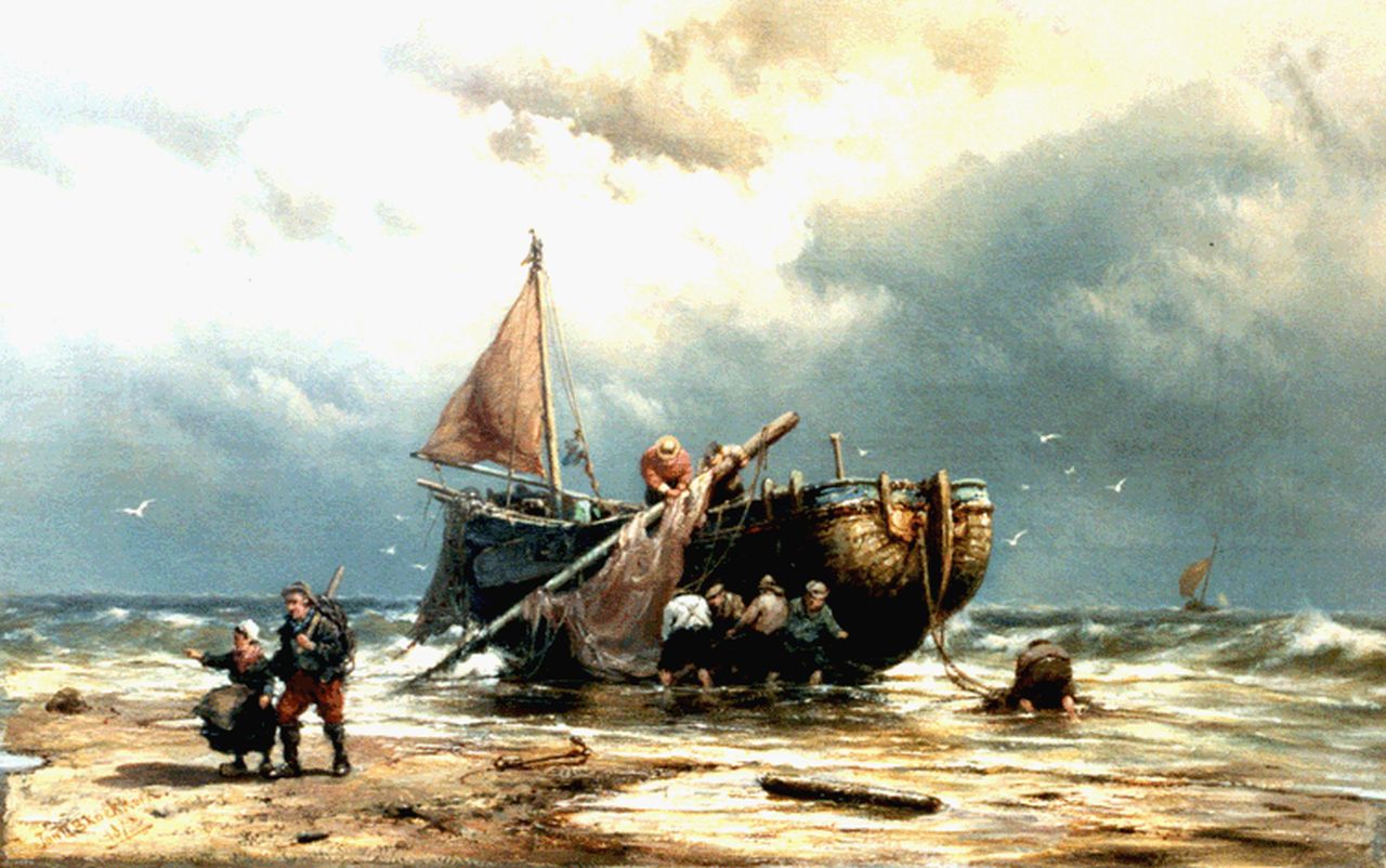Koekkoek J.H.B. | Johannes Hermanus Barend 'Jan H.B.' Koekkoek, Bomschuit op het strand, olieverf op doek 33,1 x 51,6 cm, gesigneerd linksonder en gedateerd 1875 Koekkoek J.H.B. | Johannes Hermanus Barend 'Jan H.B.' Koekkoek, Bomschuit op het strand, olieverf op doek 33,1 x 51,6 cm, gesigneerd linksonder en gedateerd 1875