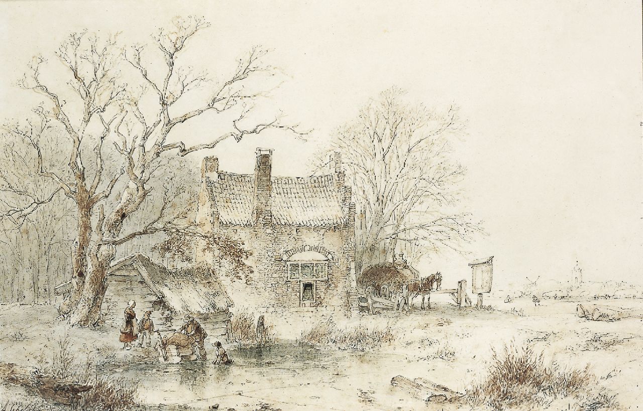 Schelfhout A. | Andreas Schelfhout, Winterlandschap met figuren bij een bevroren vijver, potlood en inkt op papier 27,1 x 41,5 cm, gesigneerd linksonder en gedateerd '50 Schelfhout A. | Andreas Schelfhout, Winterlandschap met figuren bij een bevroren vijver, potlood en inkt op papier 27,1 x 41,5 cm, gesigneerd linksonder en gedateerd '50