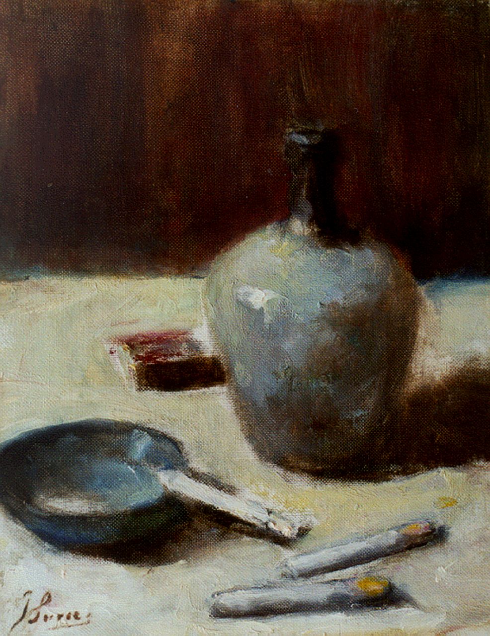 Surie J. | Jacoba 'Coba' Surie, Stilleven met sigaretten en kruik, olieverf op doek 30,1 x 24,3 cm, gesigneerd linksonder Surie J. | Jacoba 'Coba' Surie, Stilleven met sigaretten en kruik, olieverf op doek 30,1 x 24,3 cm, gesigneerd linksonder