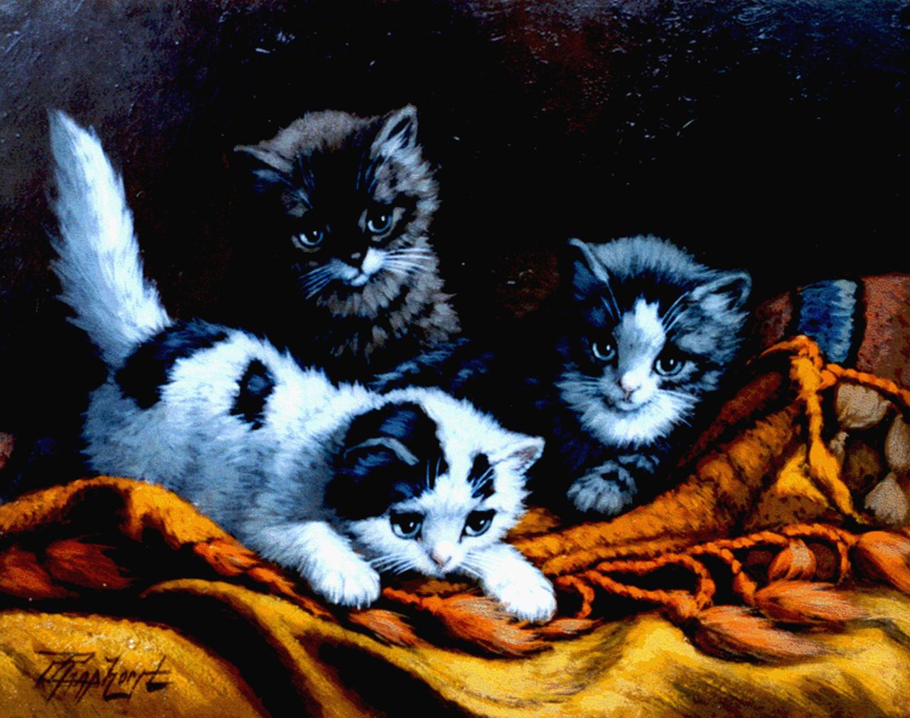 Raaphorst C. | Cornelis Raaphorst, Drie poesjes op een Turks kussen, olieverf op doek op paneel 24,3 x 31,5 cm, gesigneerd linksonder Raaphorst C. | Cornelis Raaphorst, Drie poesjes op een Turks kussen, olieverf op doek op paneel 24,3 x 31,5 cm, gesigneerd linksonder