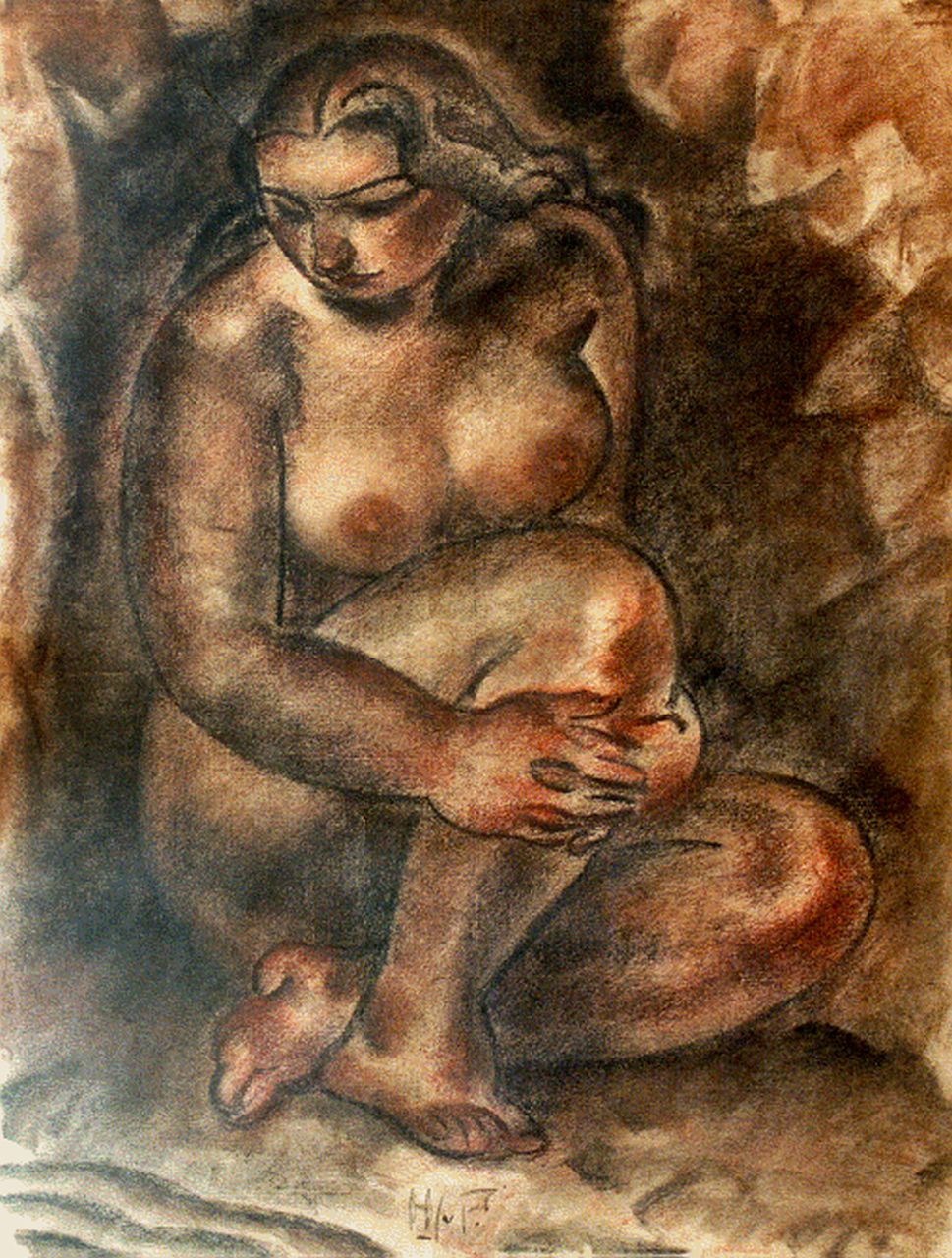 Piggelen H.J. van | H.J. van Piggelen, Zittend naakt, pastel op papier 613,0 x 47,0 cm, gesigneerd middenonder Piggelen H.J. van | H.J. van Piggelen, Zittend naakt, pastel op papier 613,0 x 47,0 cm, gesigneerd middenonder