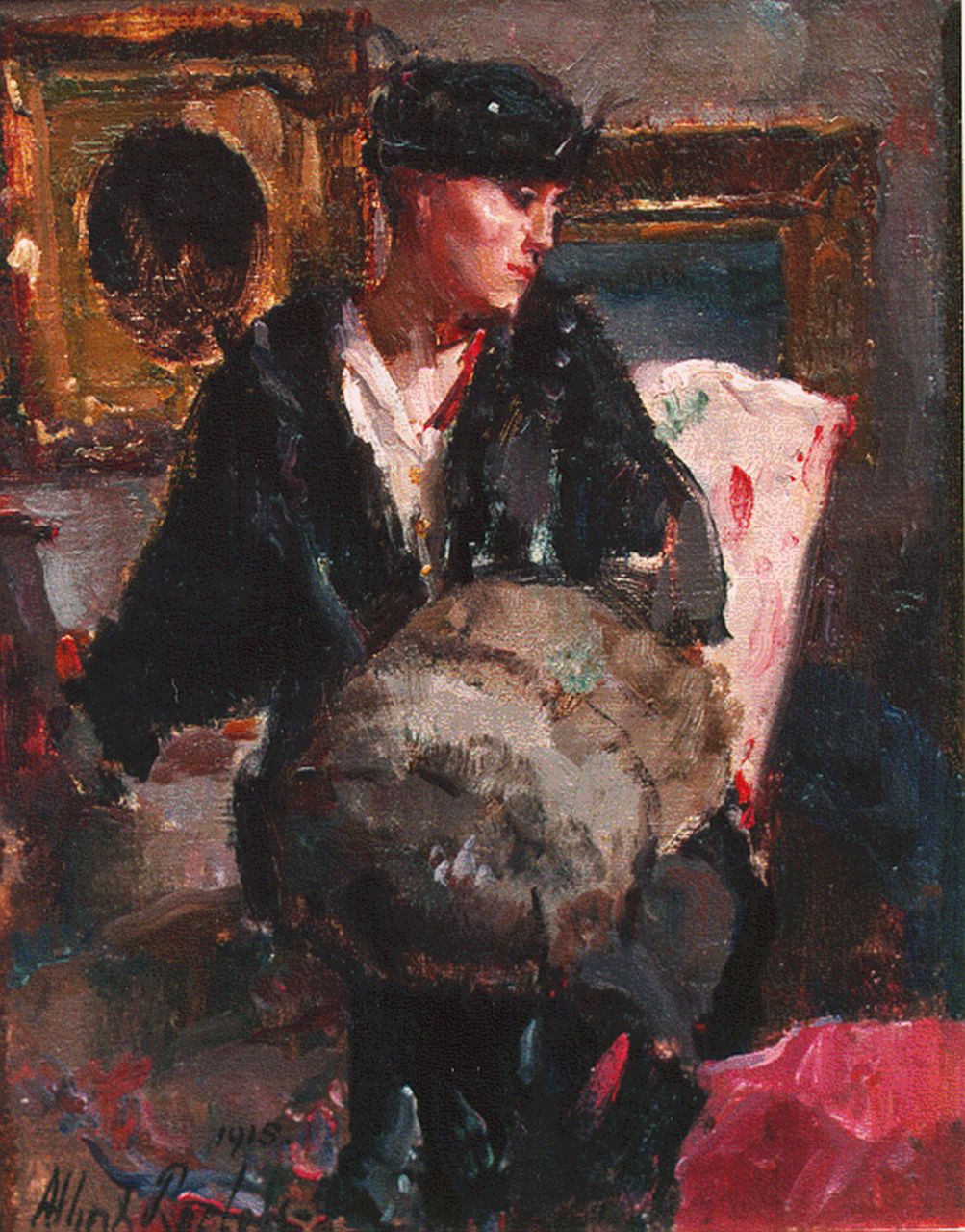 Roelofs O.W.A. | Otto Willem Albertus 'Albert' Roelofs, Dame met mof, olieverf op doek op board 23,9 x 19,0 cm, gesigneerd linksonder en gedateerd 1915 Roelofs O.W.A. | Otto Willem Albertus 'Albert' Roelofs, Dame met mof, olieverf op doek op board 23,9 x 19,0 cm, gesigneerd linksonder en gedateerd 1915