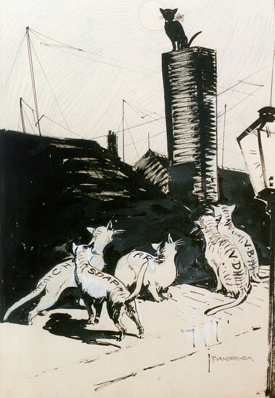Hem P. van der | Pieter 'Piet' van der Hem, De katers van de C.H., S.D.A.P., A.R., V.D. en V.B., aquarel, krijt en inkt op papier 49,3 x 34,9 cm, gesigneerd rechtsonder Hem P. van der | Pieter 'Piet' van der Hem, De katers van de C.H., S.D.A.P., A.R., V.D. en V.B., aquarel, krijt en inkt op papier 49,3 x 34,9 cm, gesigneerd rechtsonder