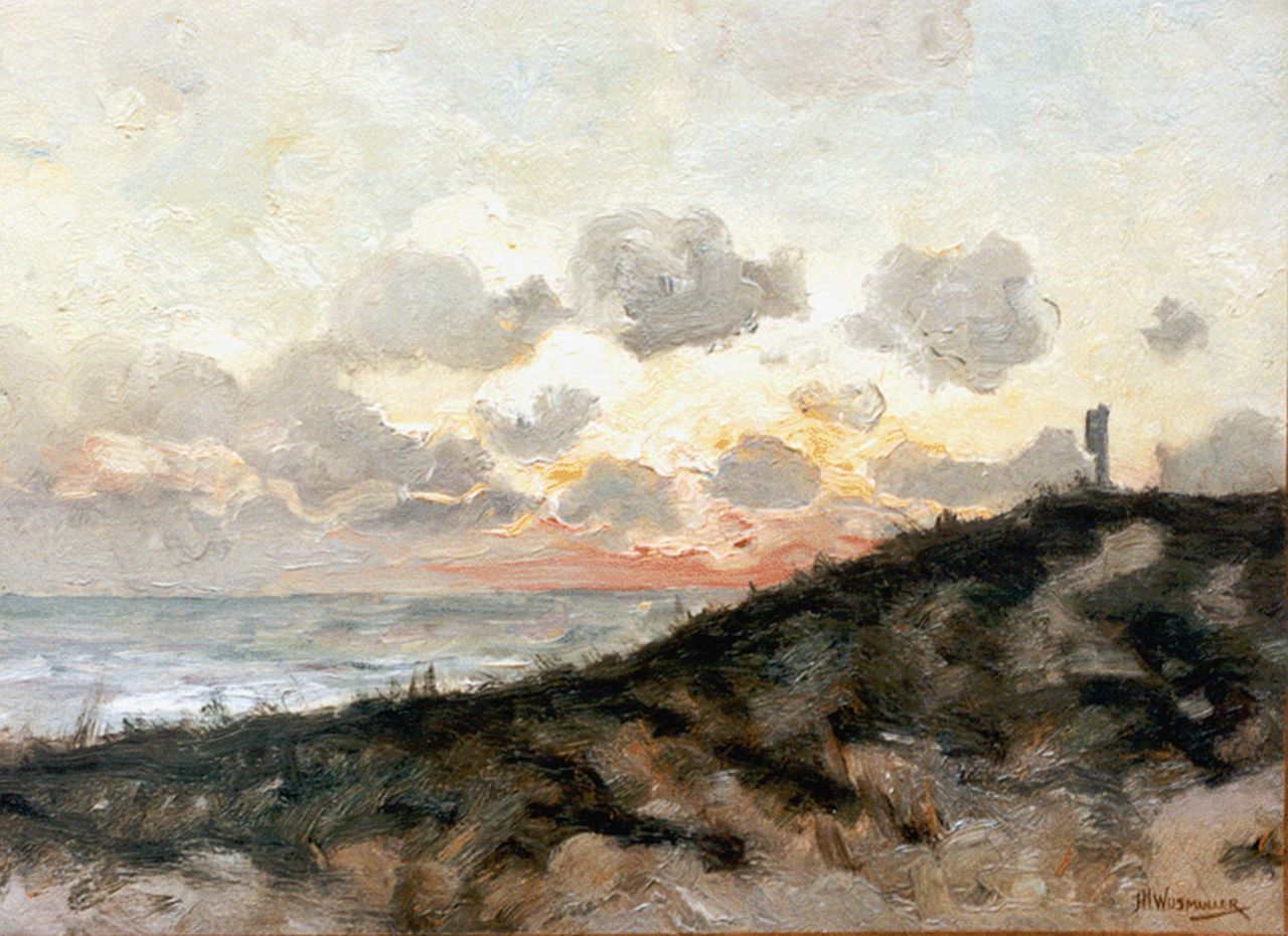 Wijsmuller J.H. | Jan Hillebrand Wijsmuller, Zee en duinen bij ondergaande zon, olieverf op doek 39,0 x 53,0 cm, gesigneerd rechtsonder Wijsmuller J.H. | Jan Hillebrand Wijsmuller, Zee en duinen bij ondergaande zon, olieverf op doek 39,0 x 53,0 cm, gesigneerd rechtsonder