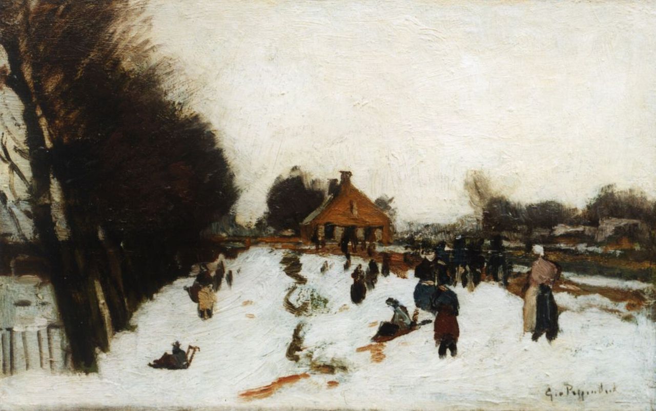 Poggenbeek G.J.H. | George Jan Hendrik 'Geo' Poggenbeek, Sneeuwpret, olieverf op doek op schildersboard 21,1 x 33,0 cm, gesigneerd rechtsonder Poggenbeek G.J.H. | George Jan Hendrik 'Geo' Poggenbeek, Sneeuwpret, olieverf op doek op schildersboard 21,1 x 33,0 cm, gesigneerd rechtsonder